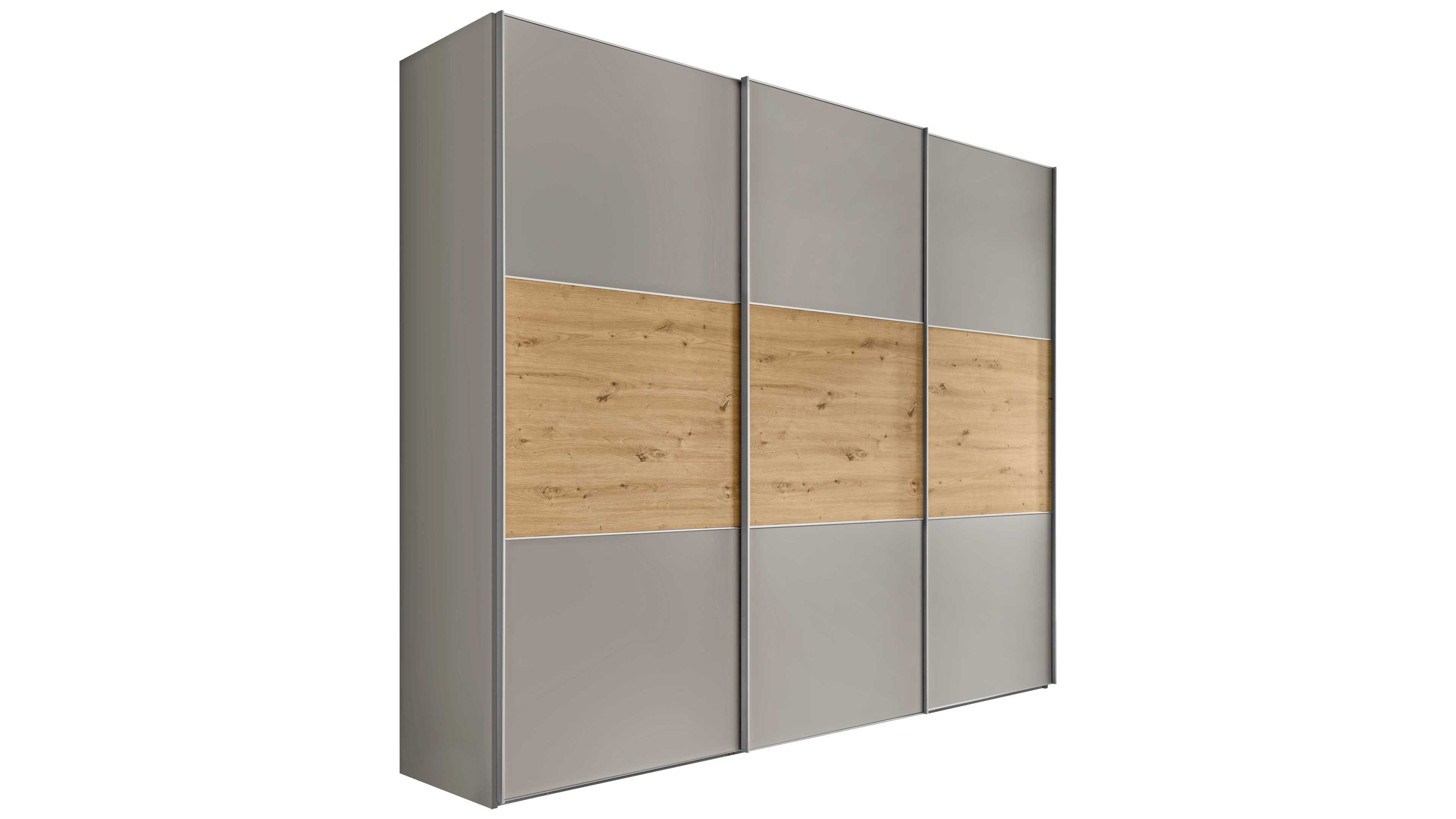 Dreiteiliger Schwebetürenschrank mit grauen und holzfarbenen Fronten