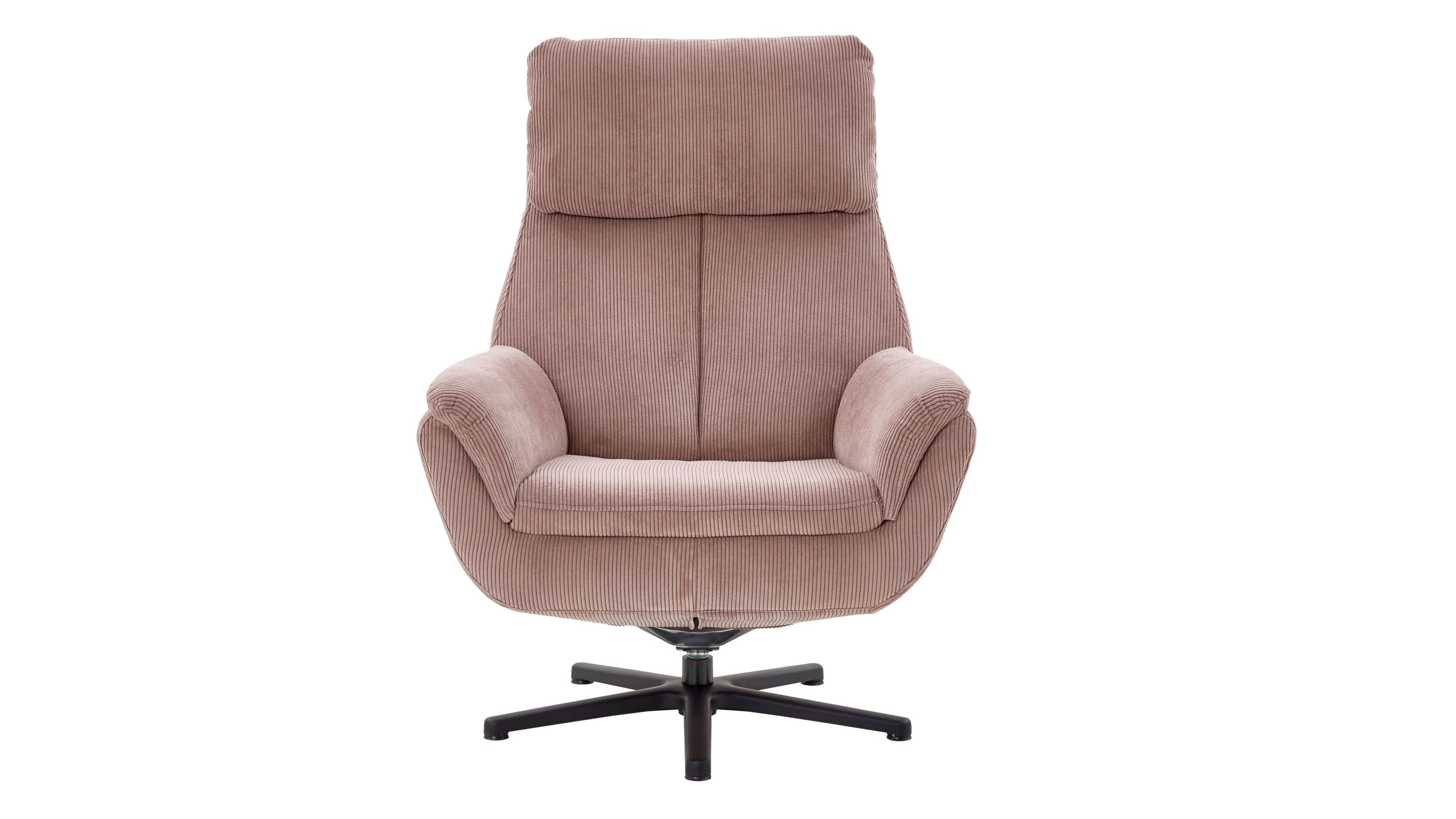 Drehsessel mit hoher Rückenlehne und gepolsterten Armlehnen in rosa Feincord mit schwarzem Sternfuß
