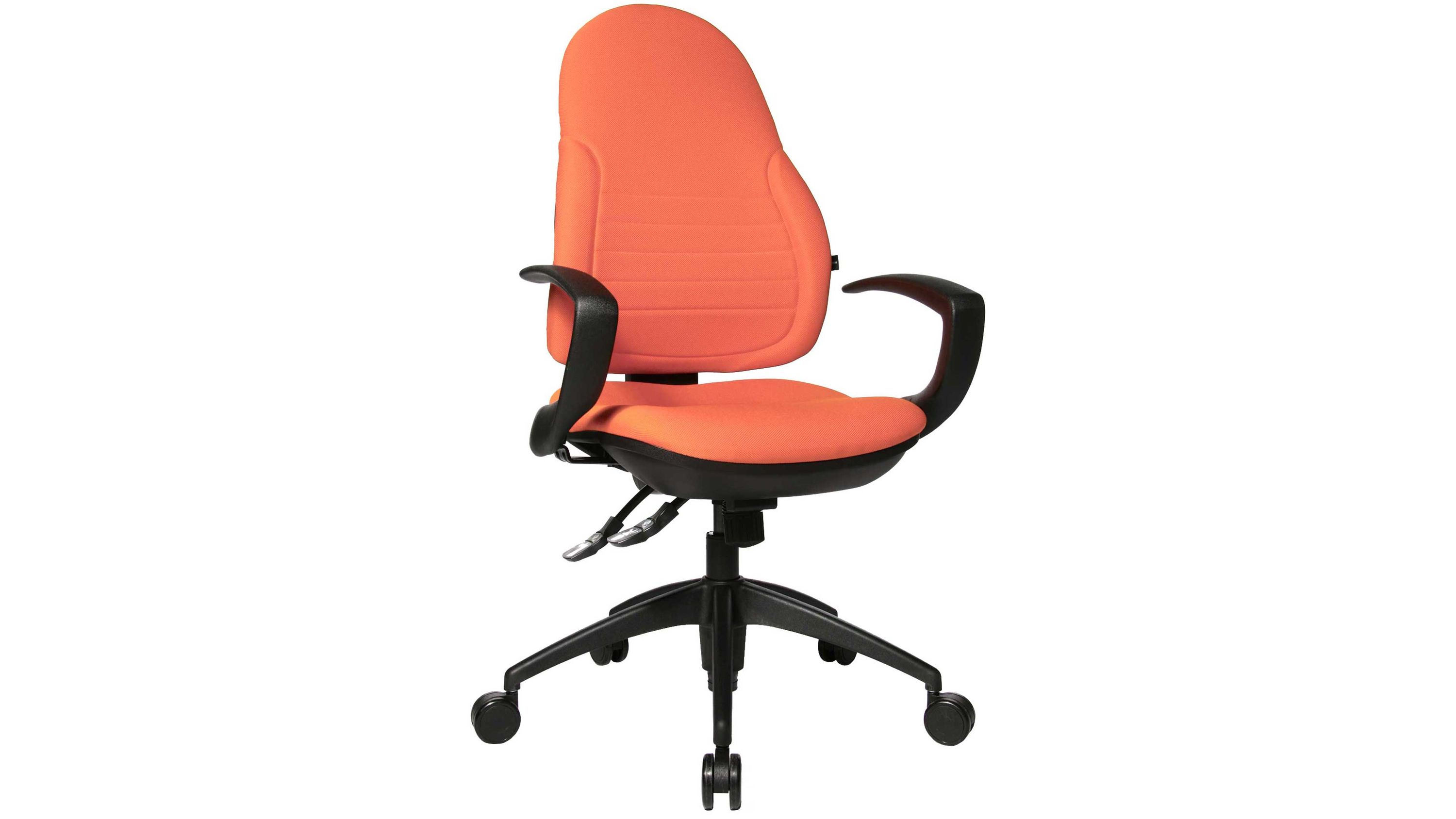 Oranger Bürostuhl mit gepolstertem Sitz und Rückenlehne schwarzes Drehkreuz und Armlehnen