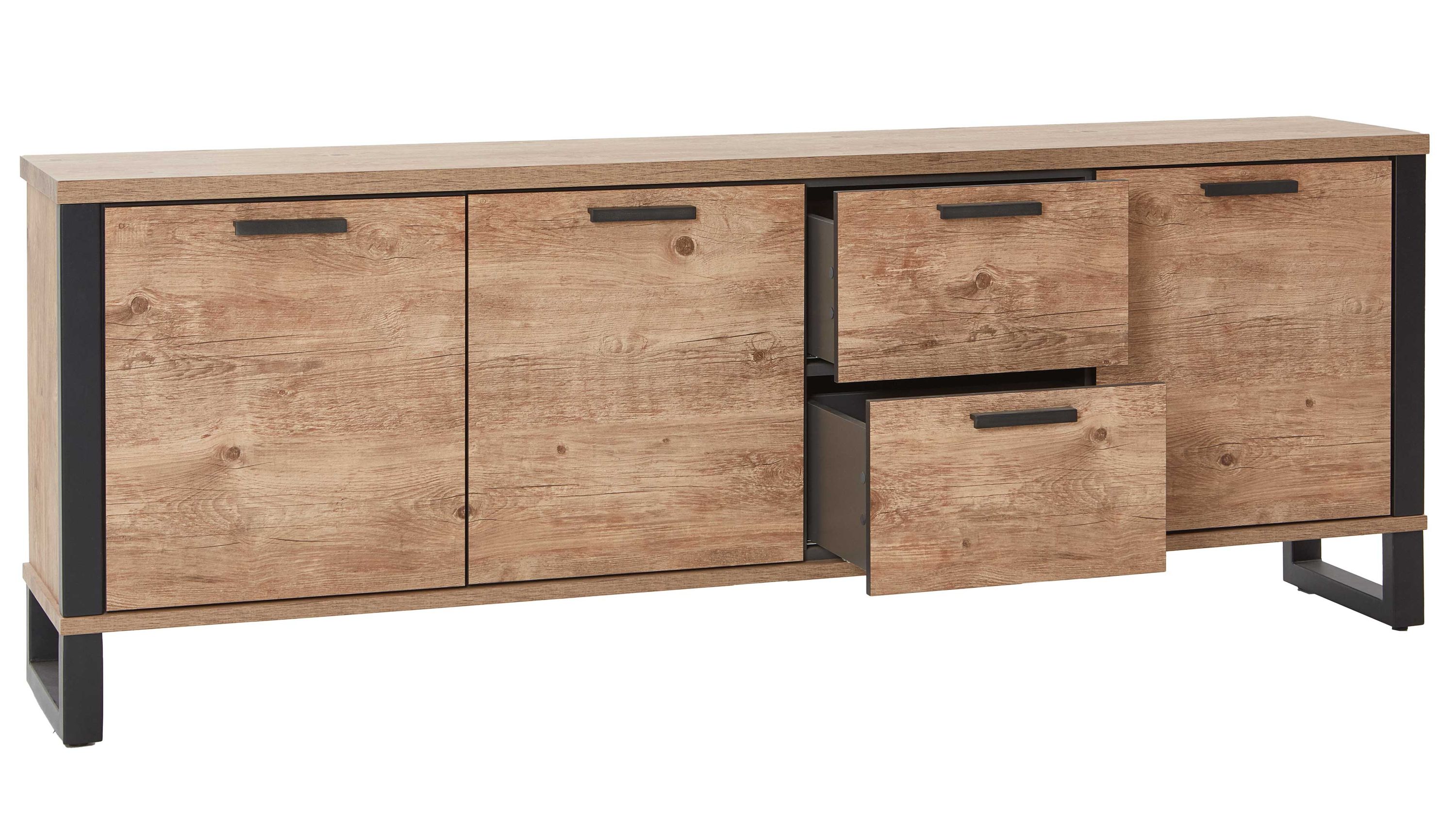 Sideboard mit drei Türen und zwei Schubladen in Holzoptik und schwarzen Griffen