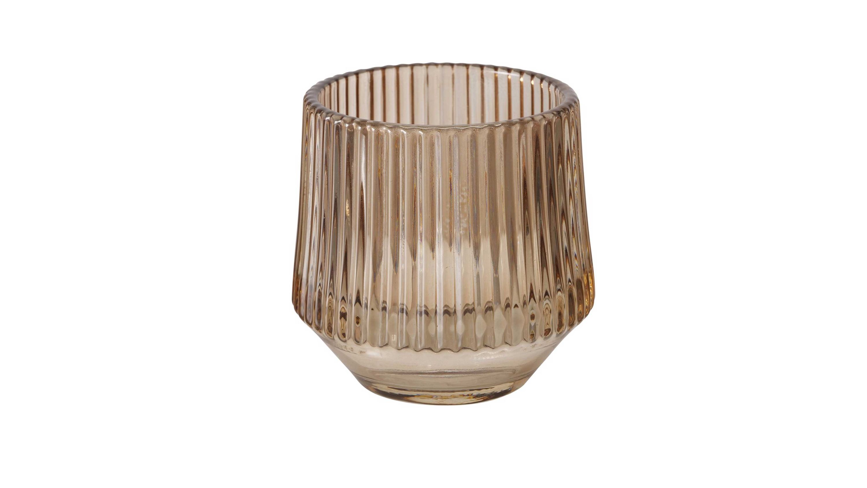 Teelichtglas rund mit Rillen in hellbraun Rundliches Teelichtglas mit vertikalen Rillen in hellbrauner Farbe