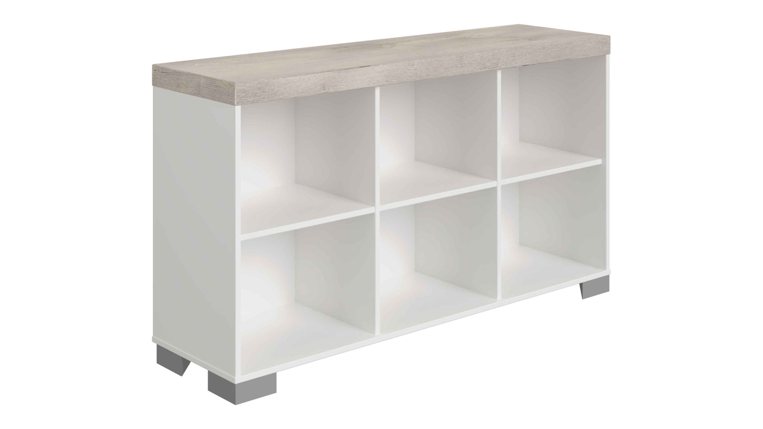 Sideboard mit sechs offenen Fächern weiß mit hellbrauner Holzplatte oben