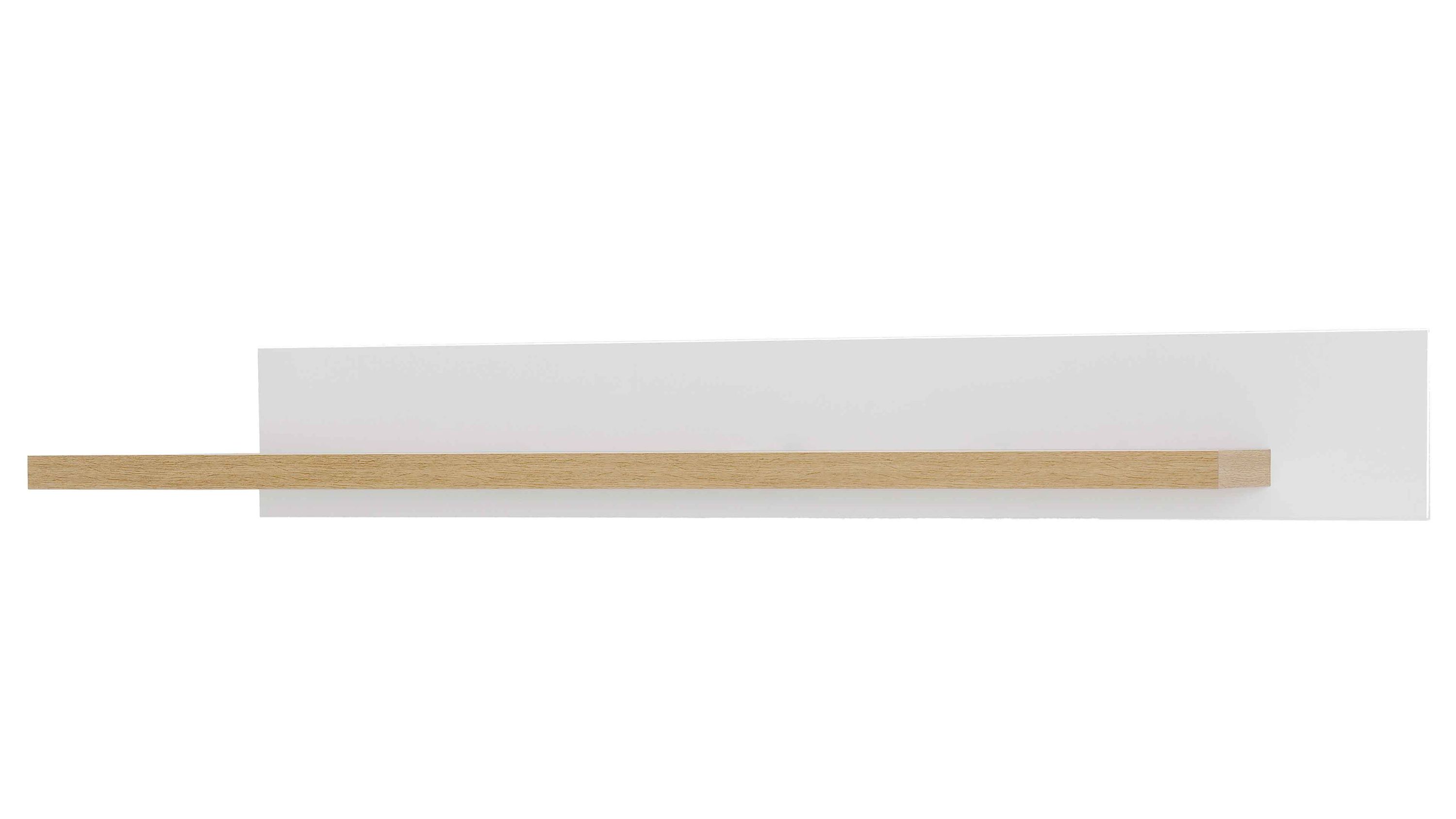Wandregal mit weißem Rückwandpaneel und einem langen schmalen Ablagebrett in heller Holzoptik
