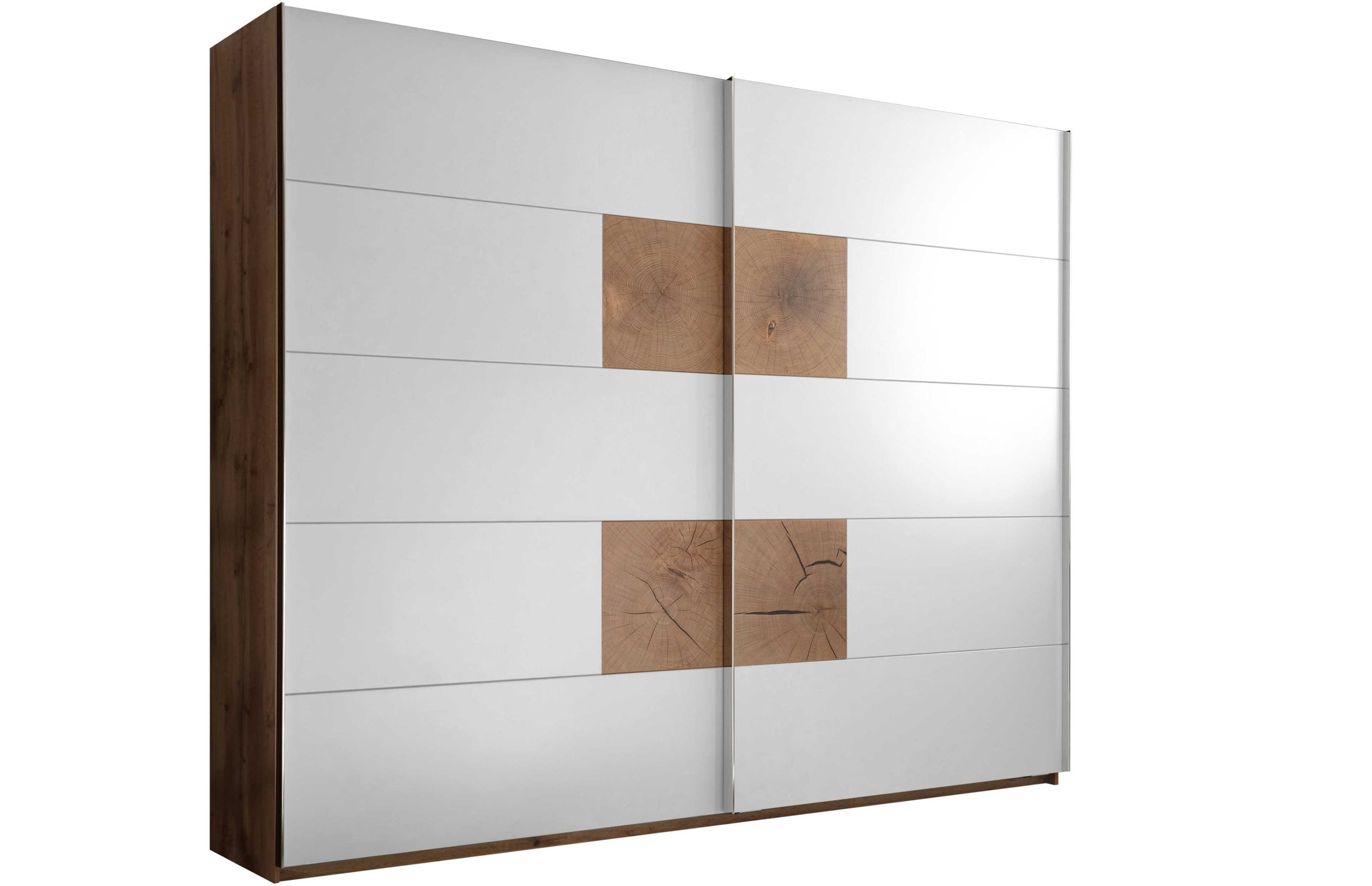 Schwebetürenschrank mit zwei Türen in Weiß und Braun Schwebetürenschrank mit zwei weißen Türen und braunen Holzelementen in der Mitte