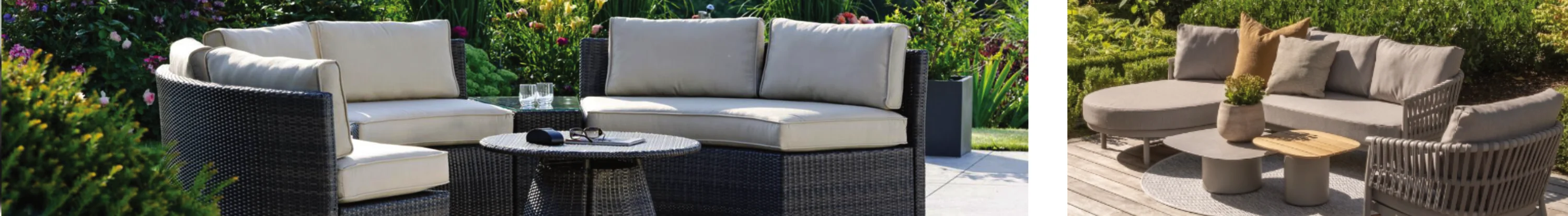 Garten-Lounge-Sets mit Rattanoptik und beigen Polstern, bestehend aus Sofas und Tischen für komfortable Outdoor-Sitzbereiche.