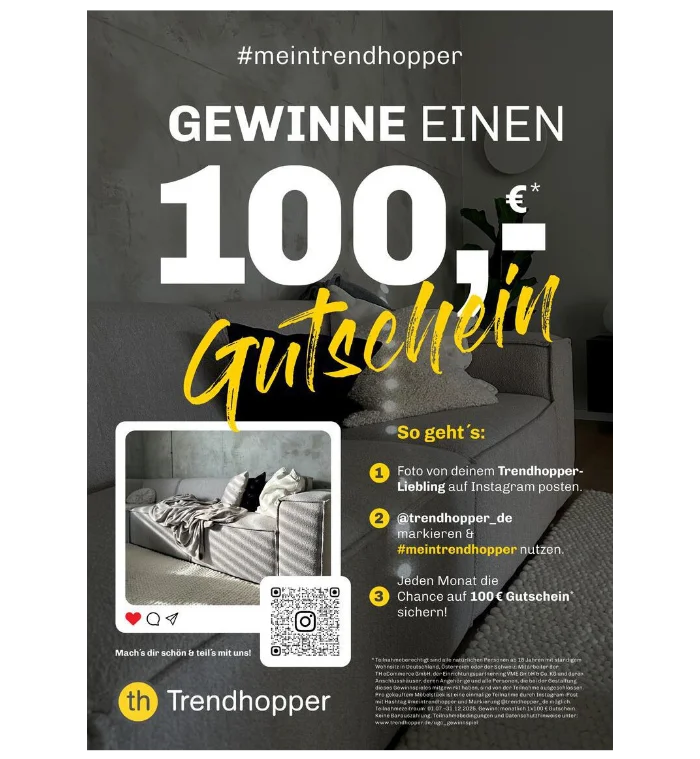 Trendhopper-Gewinnspiel mit der Chance, einen 100 € Gutschein zu gewinnen. Teilnehmer sollen ein Foto ihres Trendhopper-Liebling auf Instagram posten, den Account @trendhopper_de markieren und den Hashtag #meintrendhopper verwenden. 