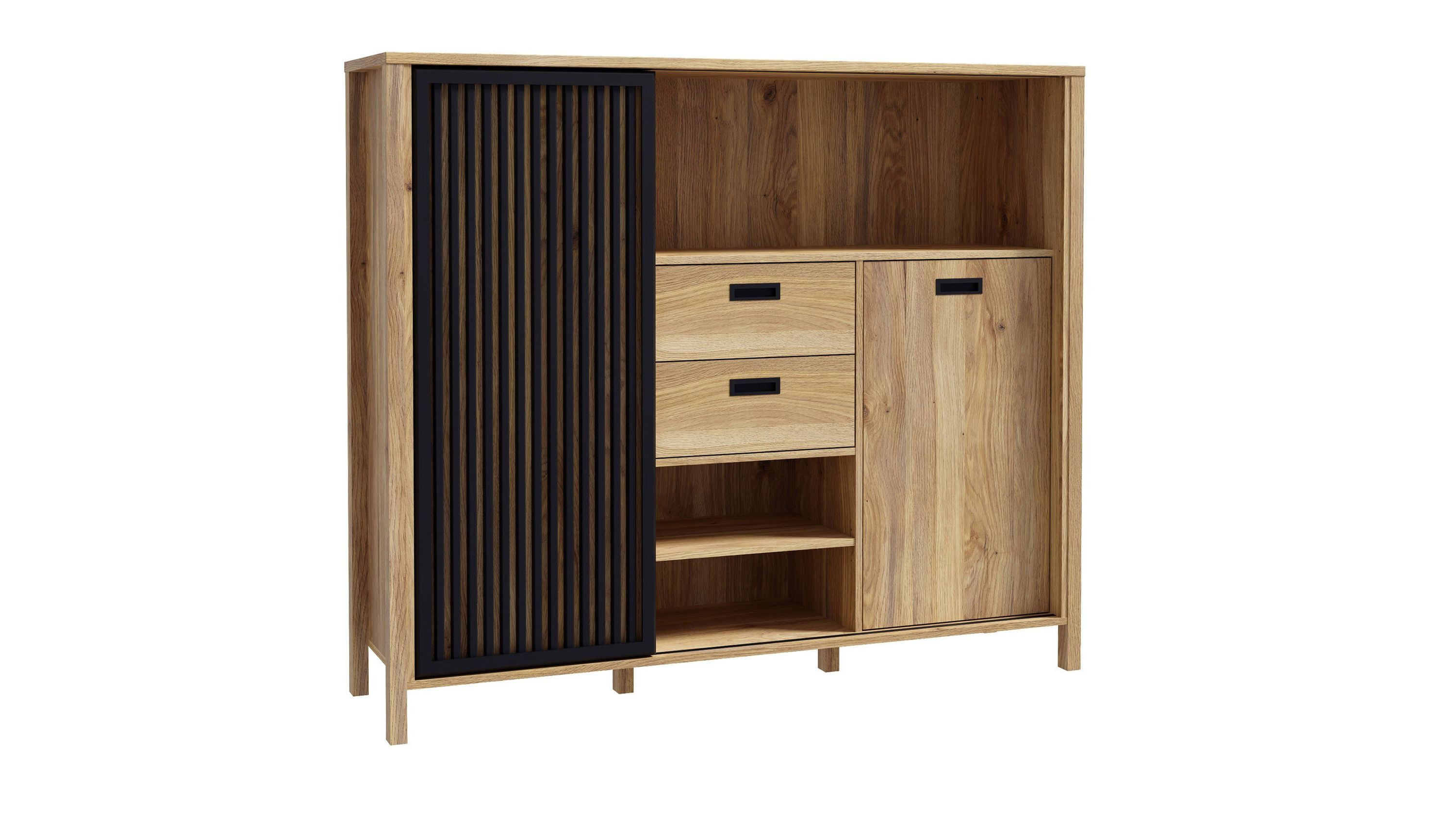Highboard mit schwarzer Lamellentür und Eichefarben Highboard mit offener Ablage zwei Schubladen zwei Türen eine in schwarzer Lamellenoptik Flächen in Eichefarben