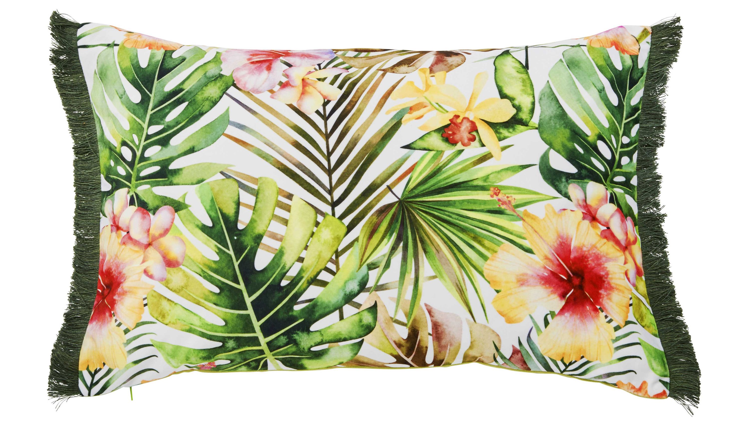 Kissenhülle mit Blatt- und Blumenmuster und Fransen Rechteckige Kissenhülle mit grünem Blatt- und Blumenmuster und grünen Fransen an den Seiten