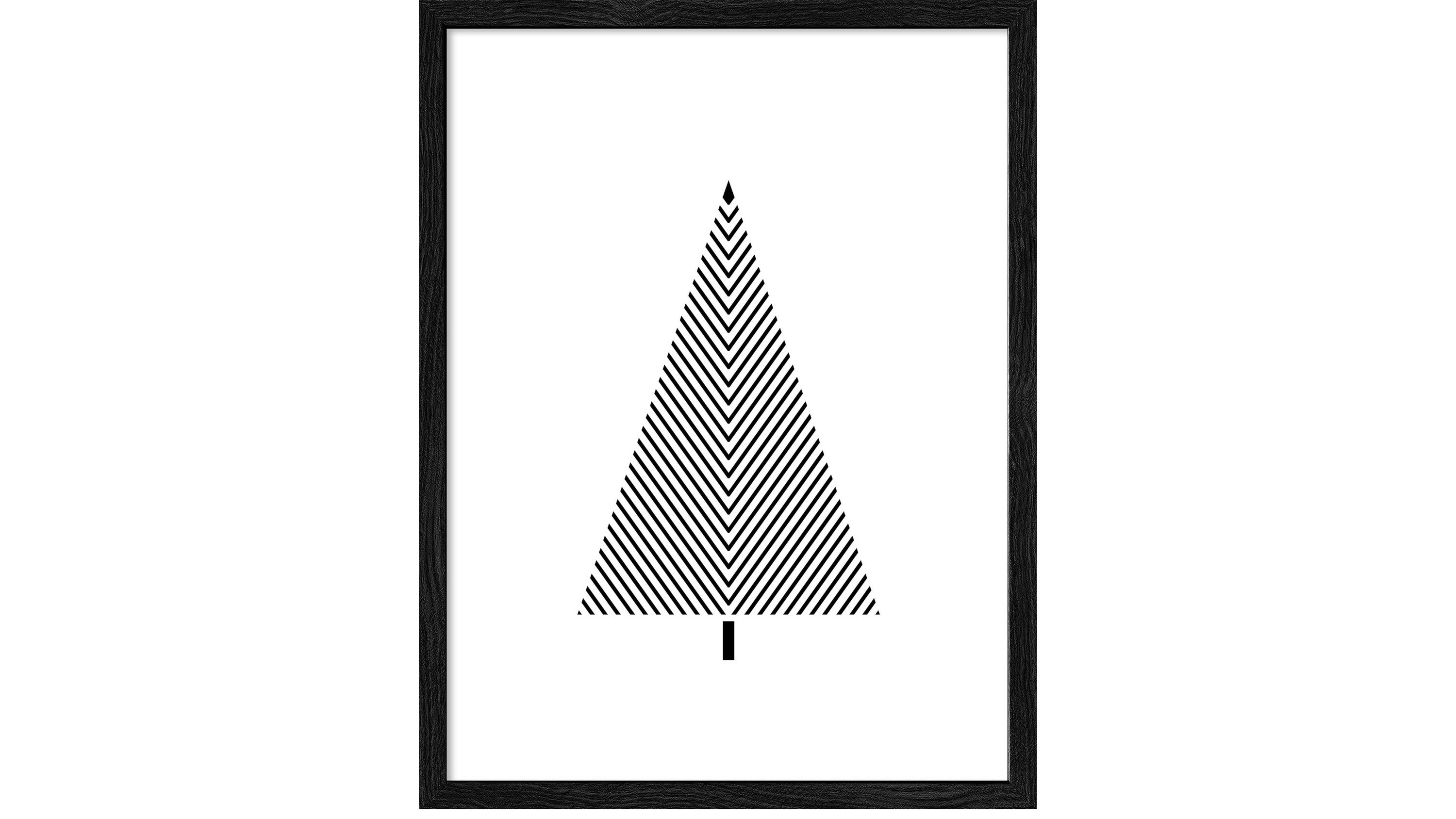 Schwarz-weißer Kunstdruck eines stilisierten Tannenbaums aus diagonalen Linien in einem schwarzen Rahmen