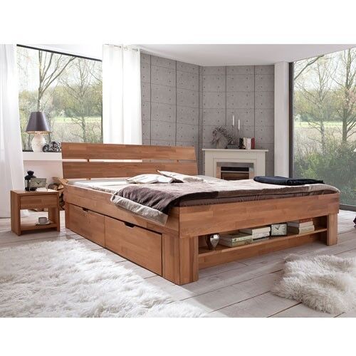 Futonliege Sofie aus Holz  mit Kopfteil und 4 Schubkästen  in modernem Schlafzimmer platziert