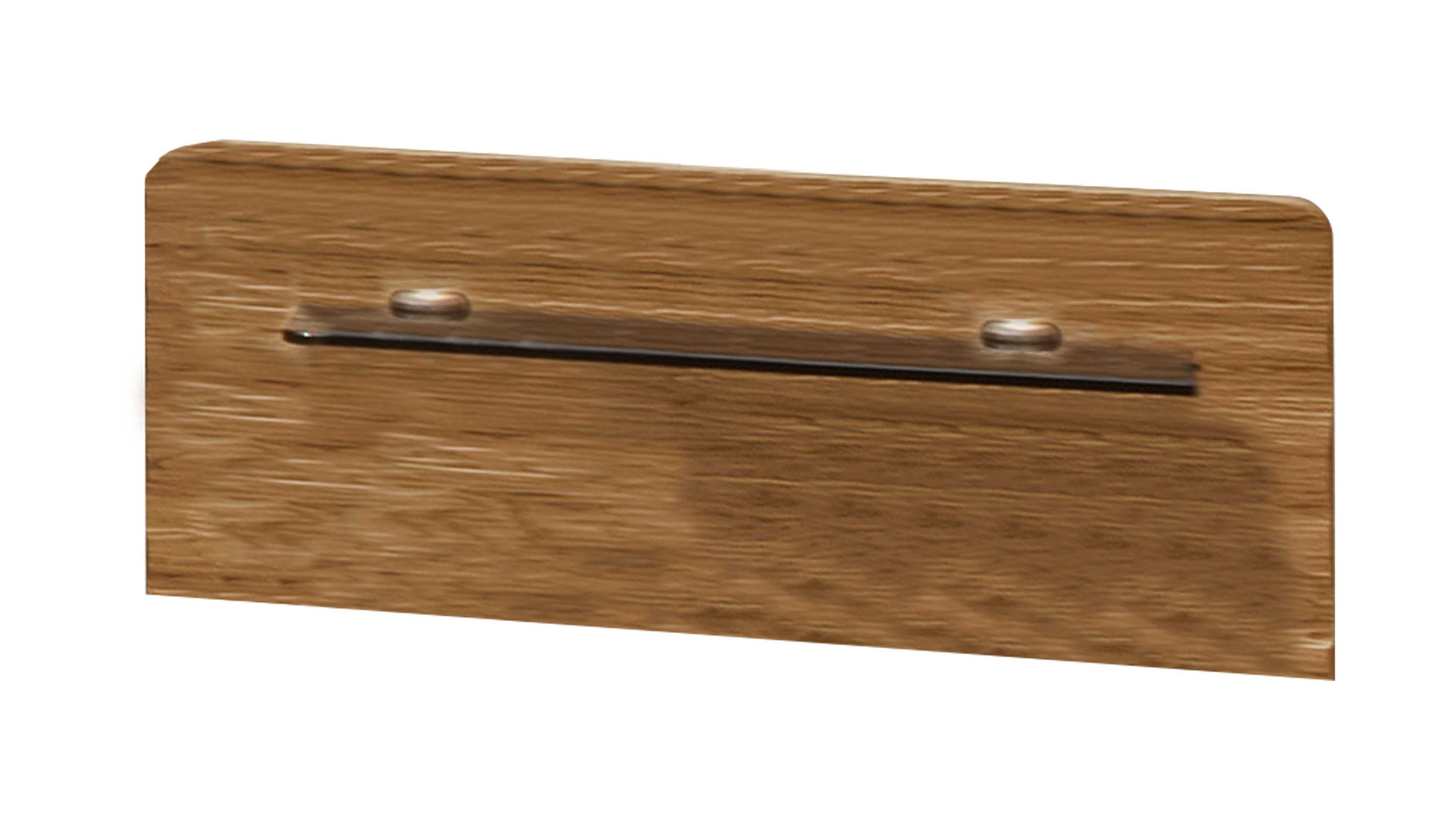 Zweiteiliges Wandpaneel mit Holzoptik und einer Glasablage