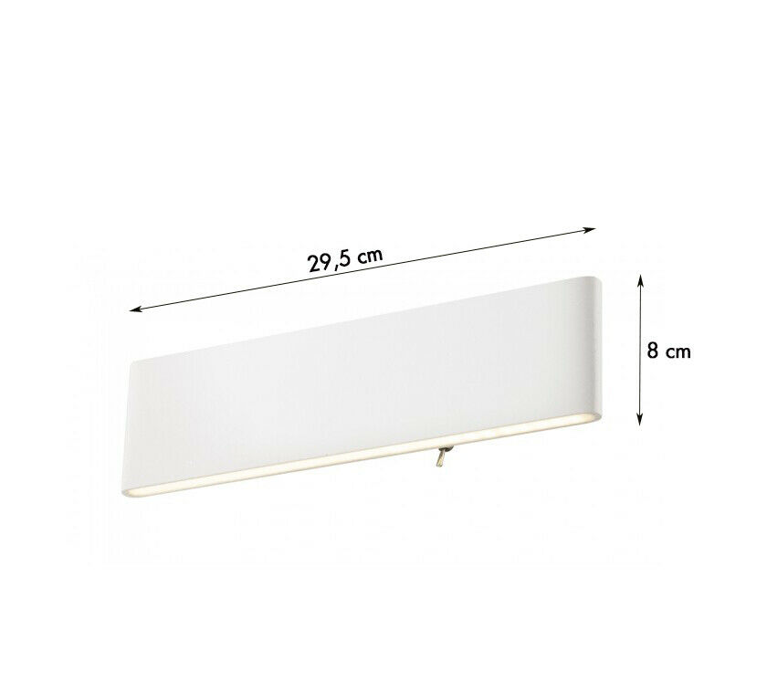 Weiße rechteckige Wandleuchte mit Maßangaben: 29,5 cm Breite und 8 cm Höhe, frontal aufgenommen.