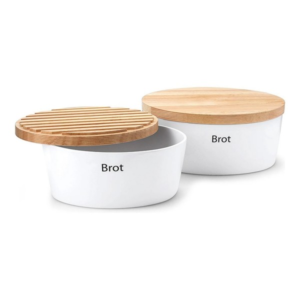 Zwei ovale weiße Brotdosen mit Holzdeckel und moderner Aufschrift Brot