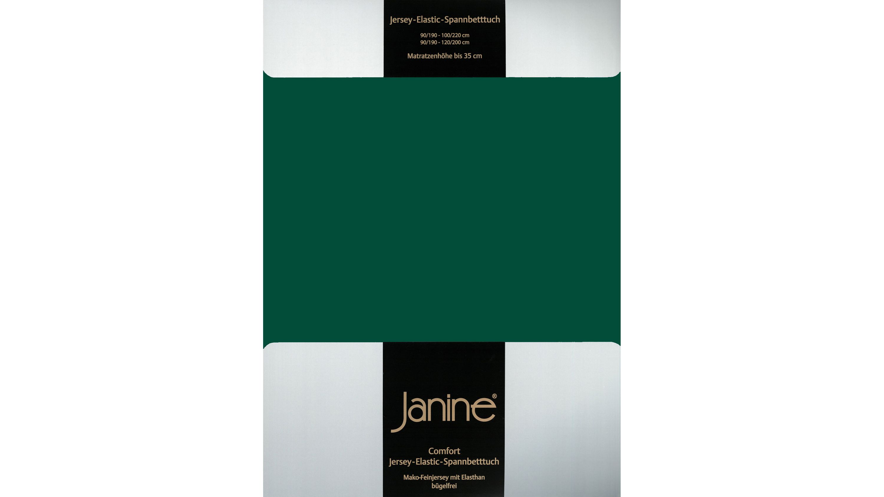 Spannbettlaken in dunkelgrün mit Verpackung und Aufschrift Janine