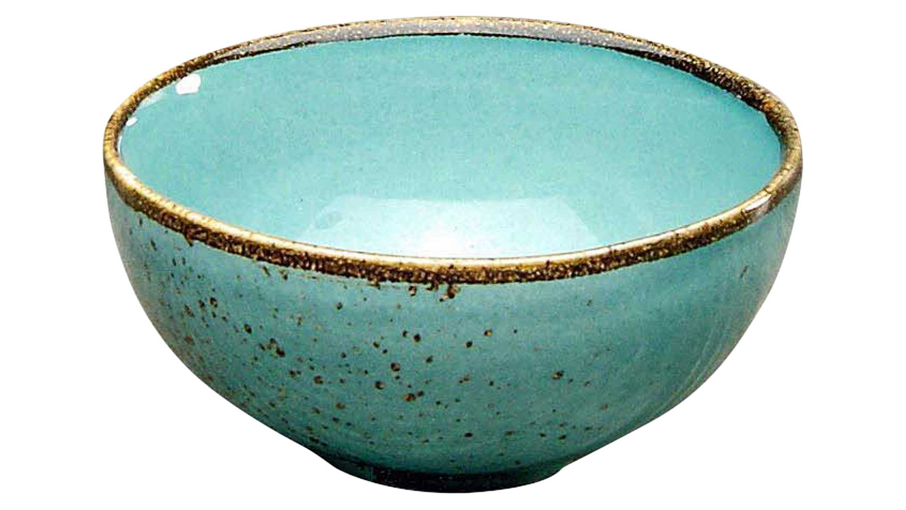 Runde Schale aus wasserblauem Steinzeug mit braunem Rand
