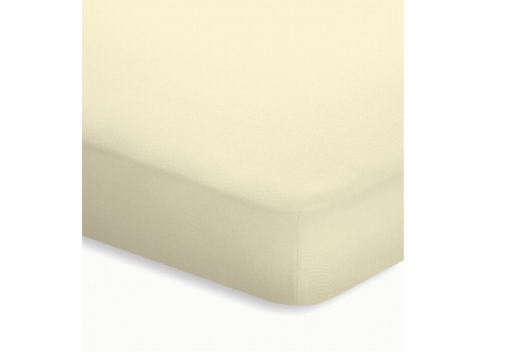 Beigefarbenes Jersey-Elasthan-Topper-Spannbetttuch glatt gespannt über Topper-Ecke schräg von oben fotografiert