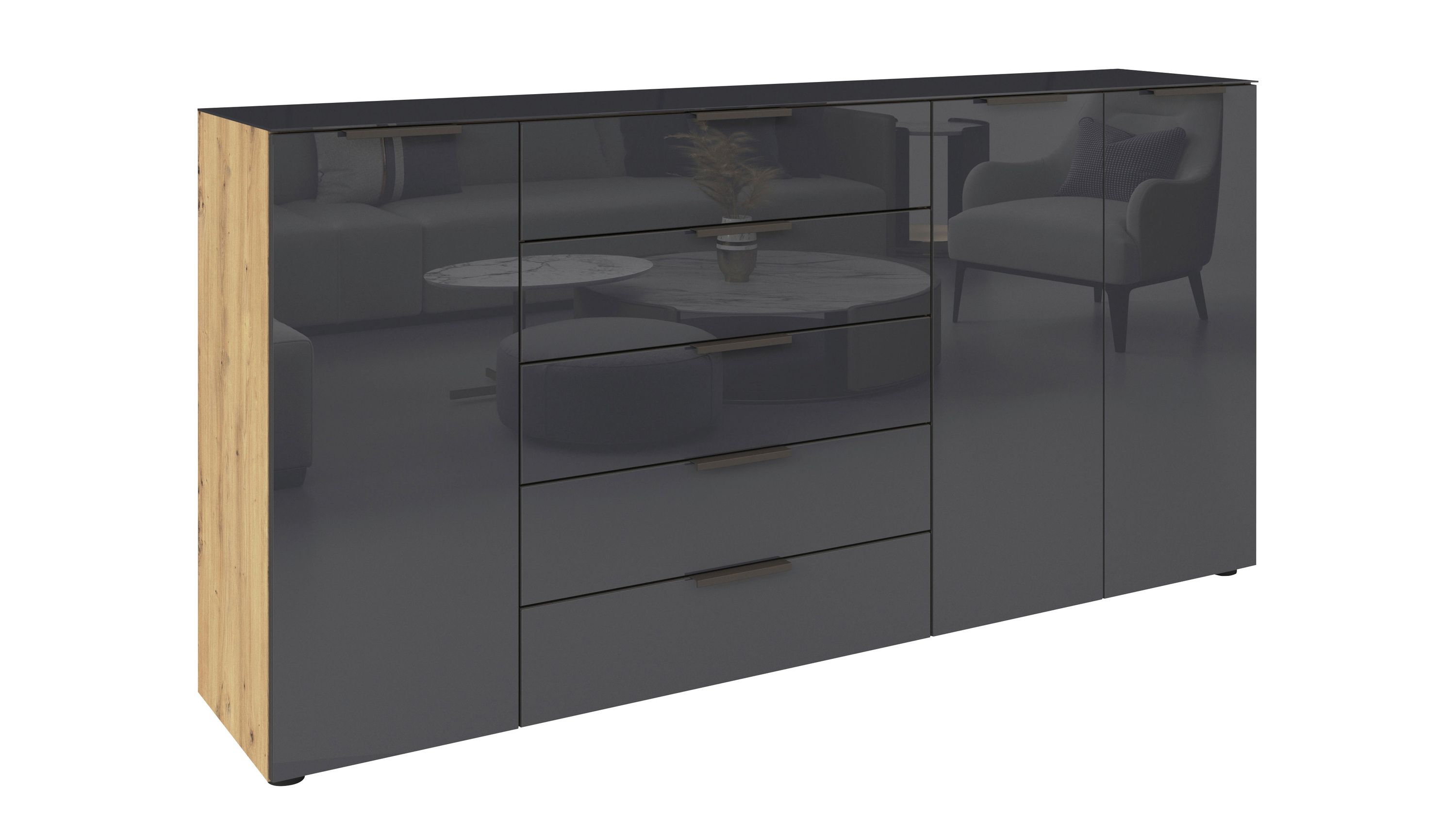 Kommode mit Glasfront und Holzoptik seitlich Kommode mit fünf Schubladen und drei Türen Fronten in dunklem Glas seitliche Flächen in Holzoptik