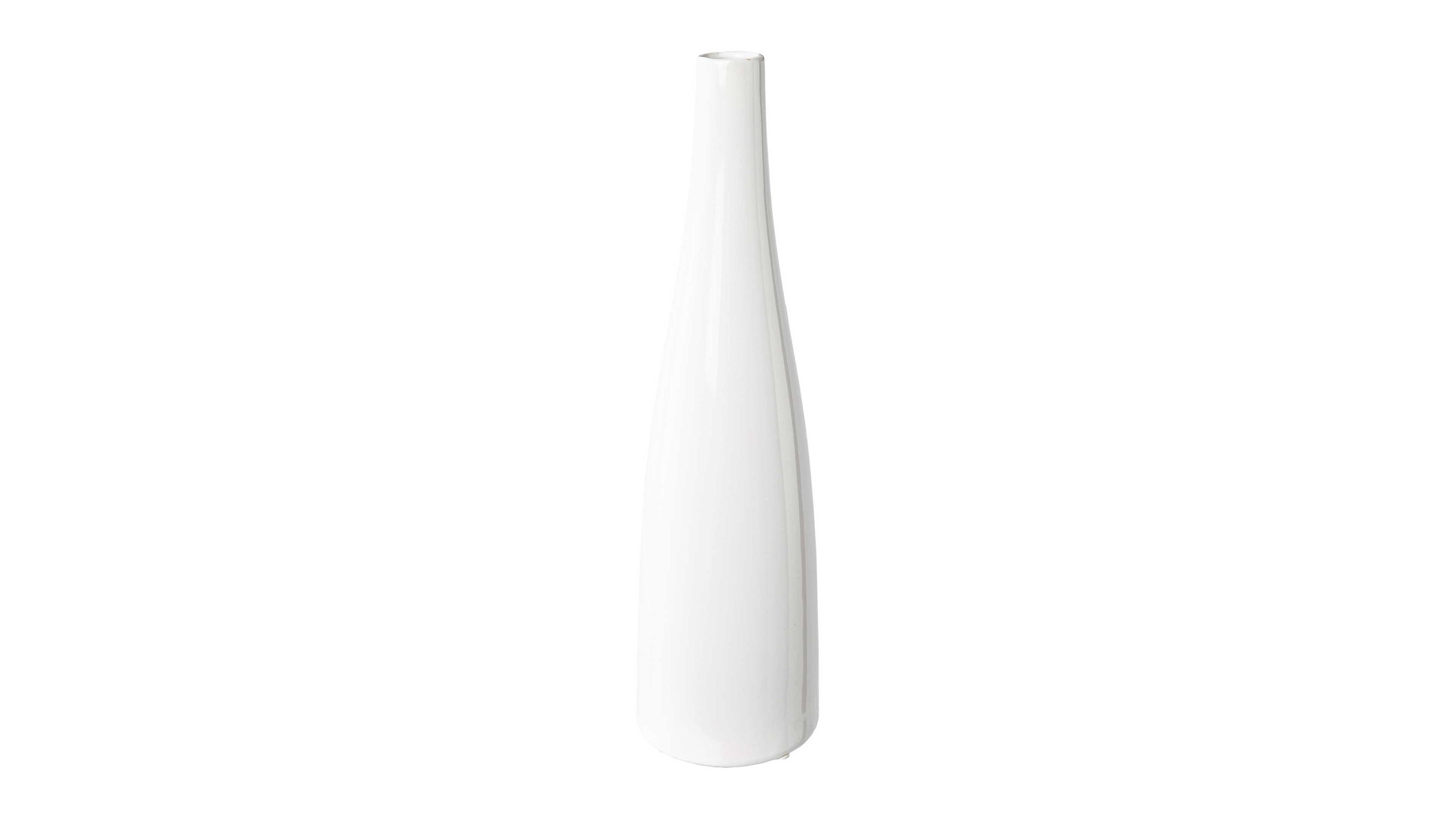 Schlanke weiße Vase mit schmalem Hals und breitem Boden