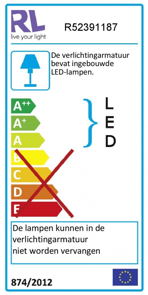 EU-Energielabel für LED-Leuchte mit Effizienzklassen A++ bis E, E durchgestrichen, Hinweis auf nicht austauschbare LEDs.