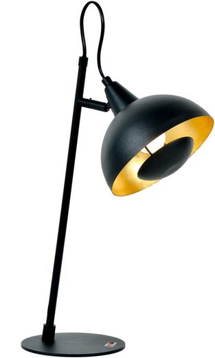 Schwarze Schreibtischlampe mit goldener Innenseite, aus leicht erhöhter Perspektive fotografiert.