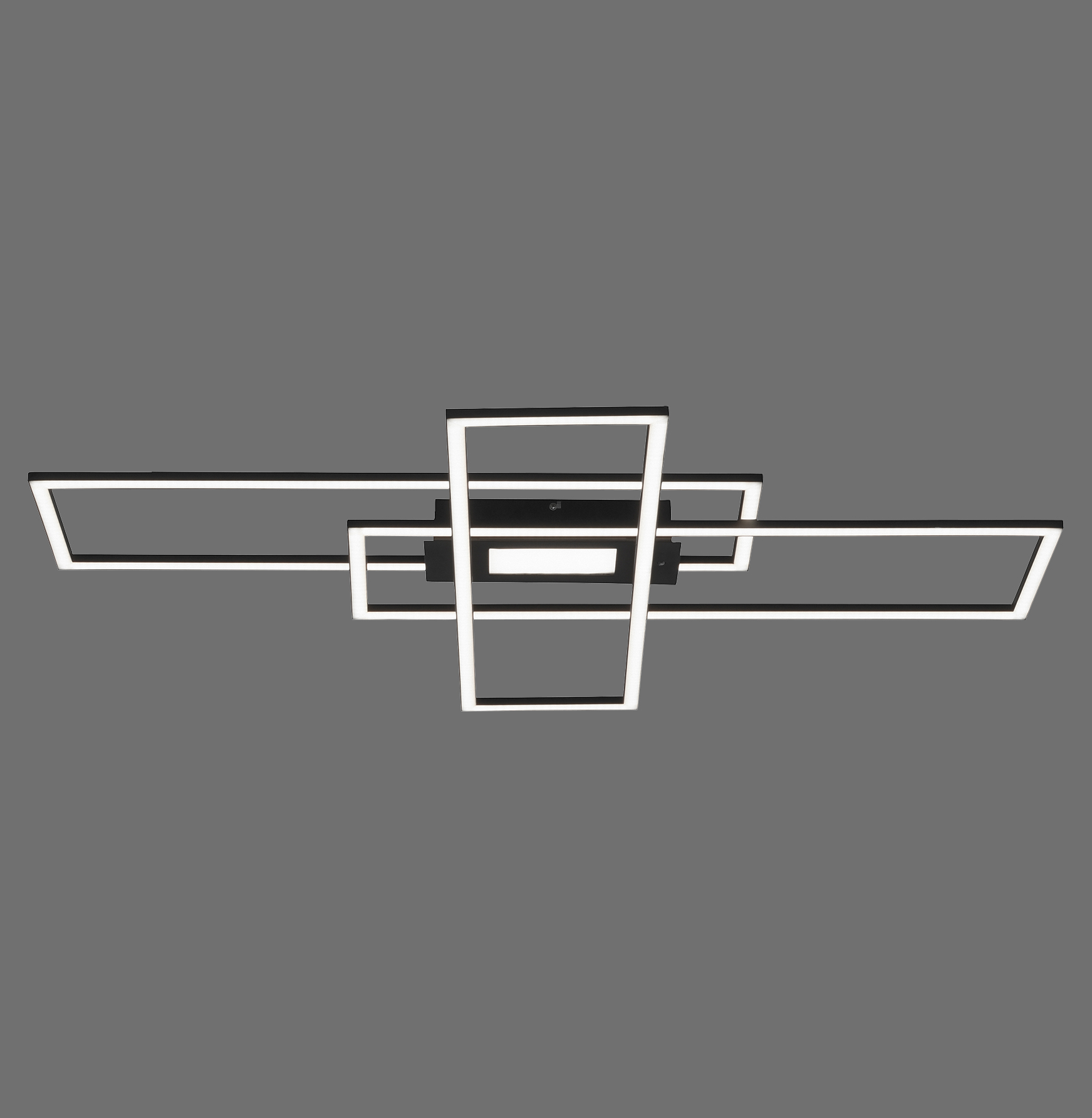 Moderne Deckenleuchte mit schwarzen überlappenden Rahmen geometrischem Design und Lichteffekten frontal von unten