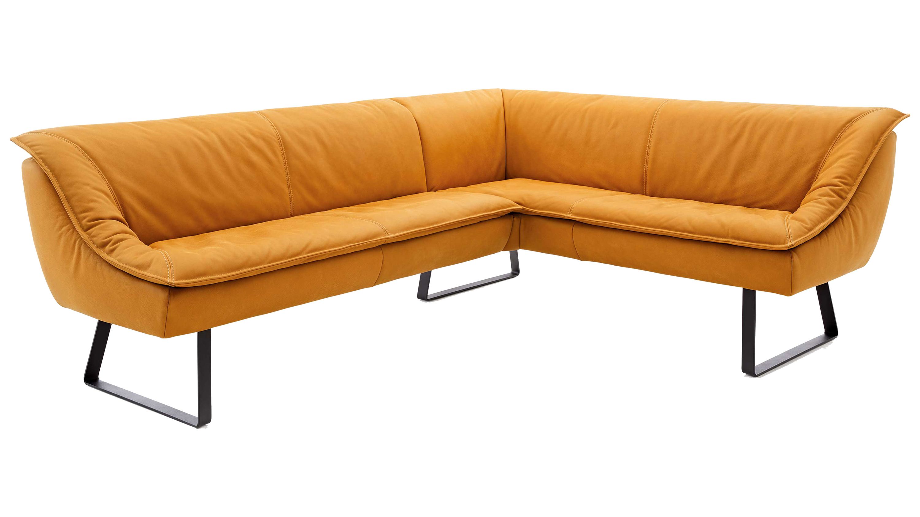 Eckbank mit sonnengelbem Bezug und Metallkufen in L-Form