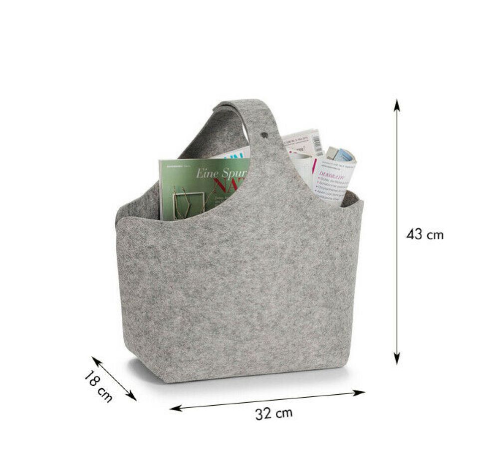 Grauer Filz-Zeitungskorb mit Tragegriff und Zeitschriften  daneben Maßangaben 32 × 18 × 34?cm auf weißem Hintergrund