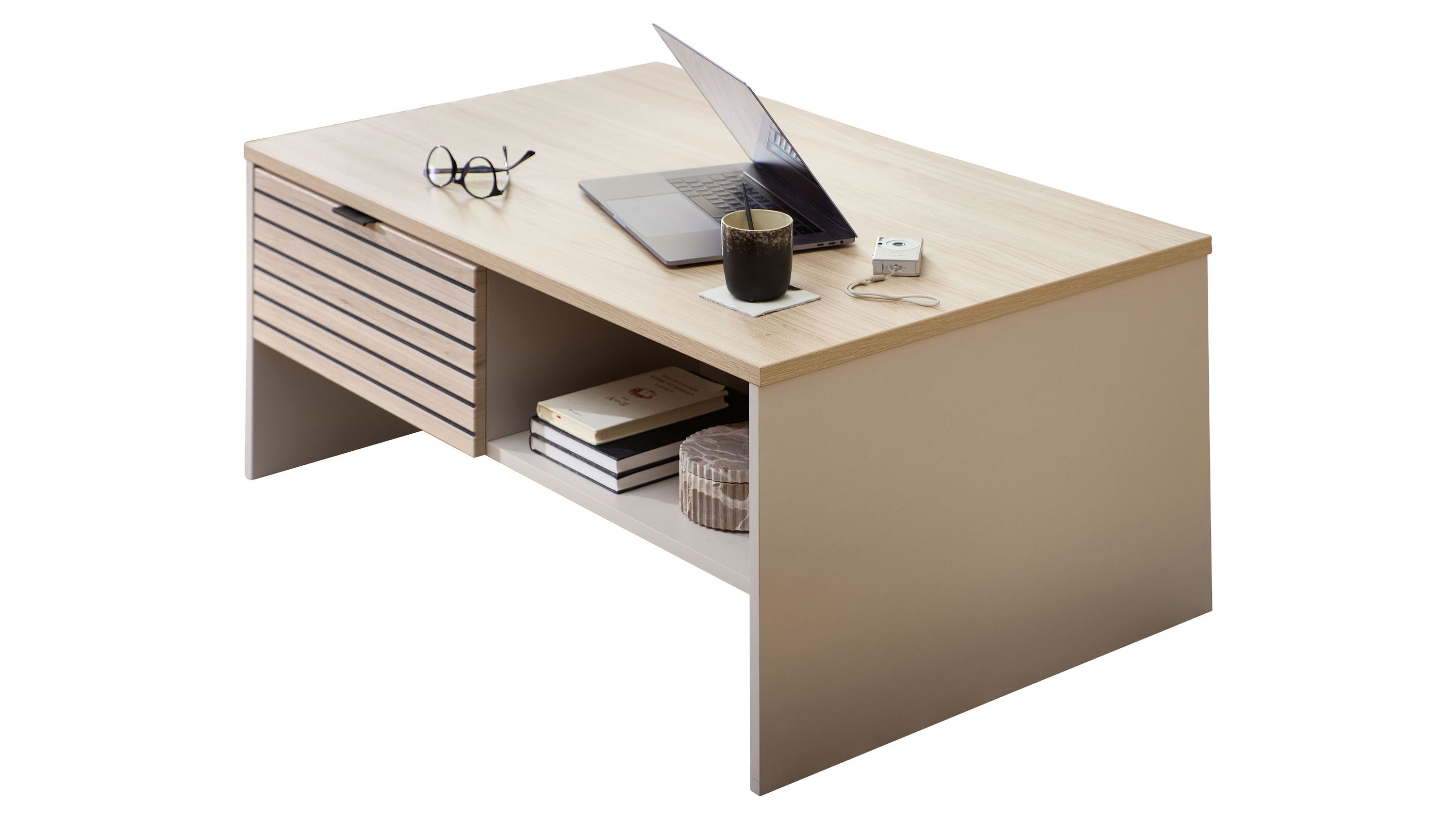 Couchtisch mit Schublade und offenem Fach in heller und kaschmirfarbener Optik Rechteckiger Couchtisch mit heller Platte kaschmirfarbenen Seiten Schublade mit Linien und offenem Fach