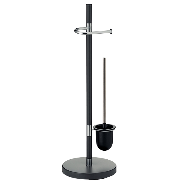 Moderner freistehender Toilettenbürstenhalter Toilettenbürstenhalter mit schwarzem Fuß, silberner Stange und schwarzem Bürstenbehälter, frontal fotografiert