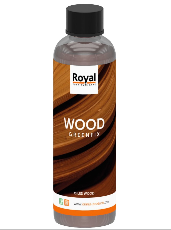 Flasche Oranje Royal Wood Treatment Oil mit schwarzem Deckel Etikett Royal Wood Treatment Oil frontal fotografiert