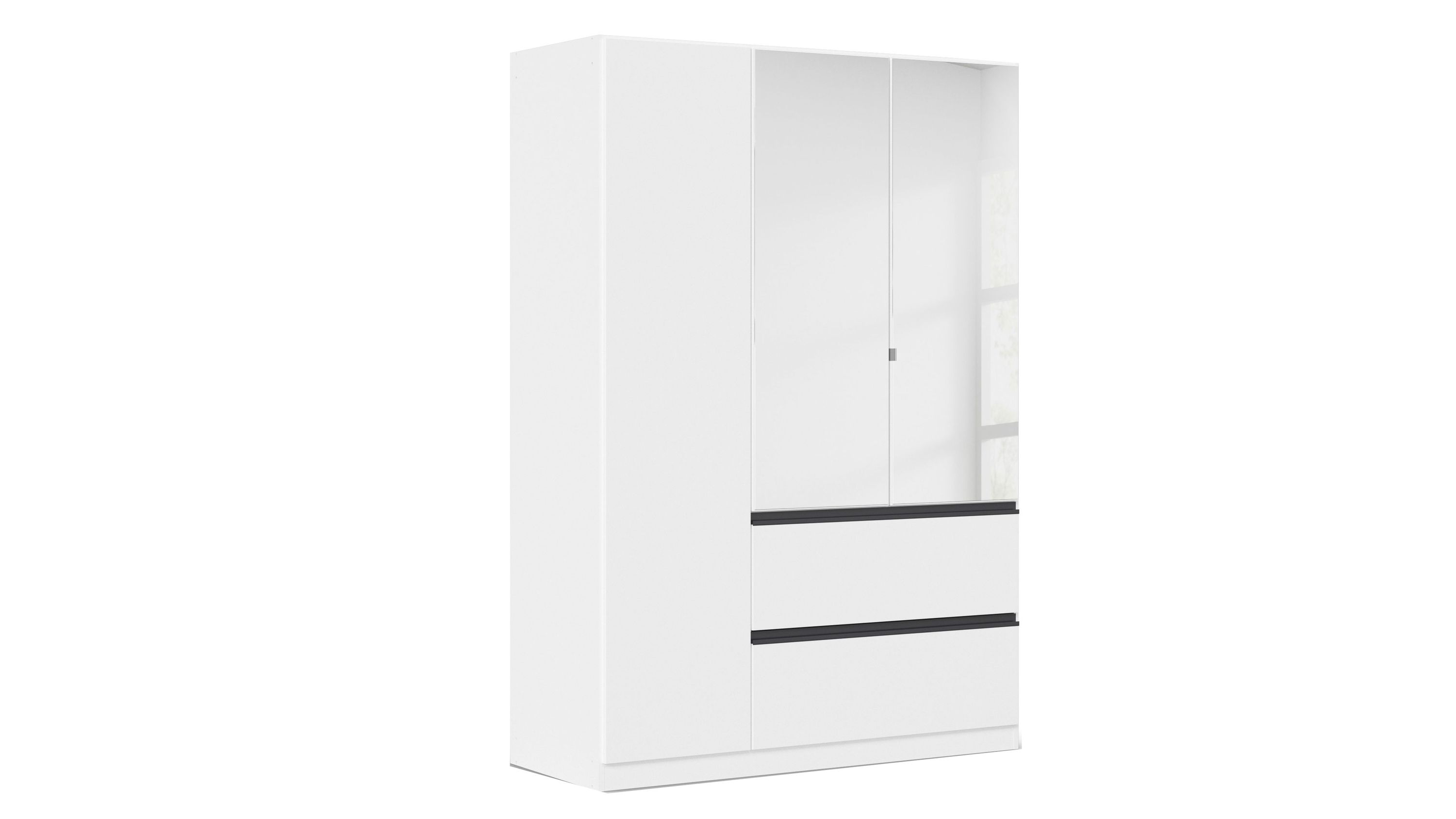 Weißer Drehtürenschrank mit Spiegel und Schubladen Weißer Drehtürenschrank mit zwei Türen und zwei Schubladen eine Tür mit Spiegel