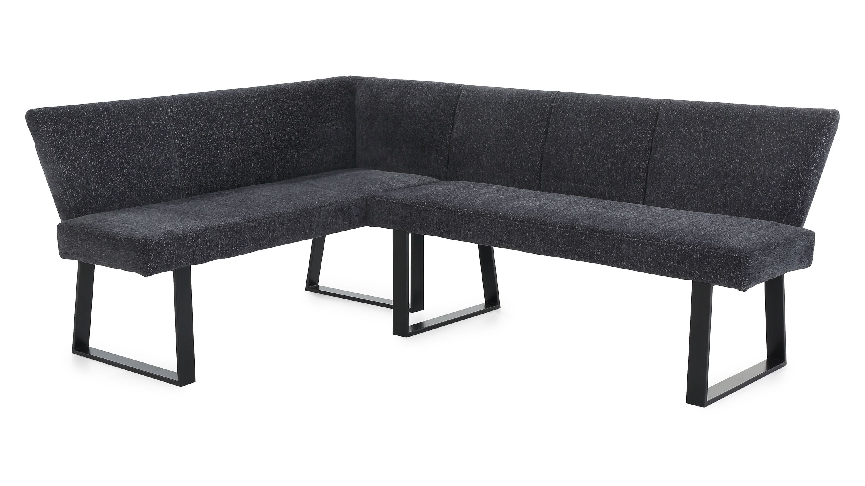 Eckbank mit graublauem Bezug und schwarzem Metallgestell in L-Form