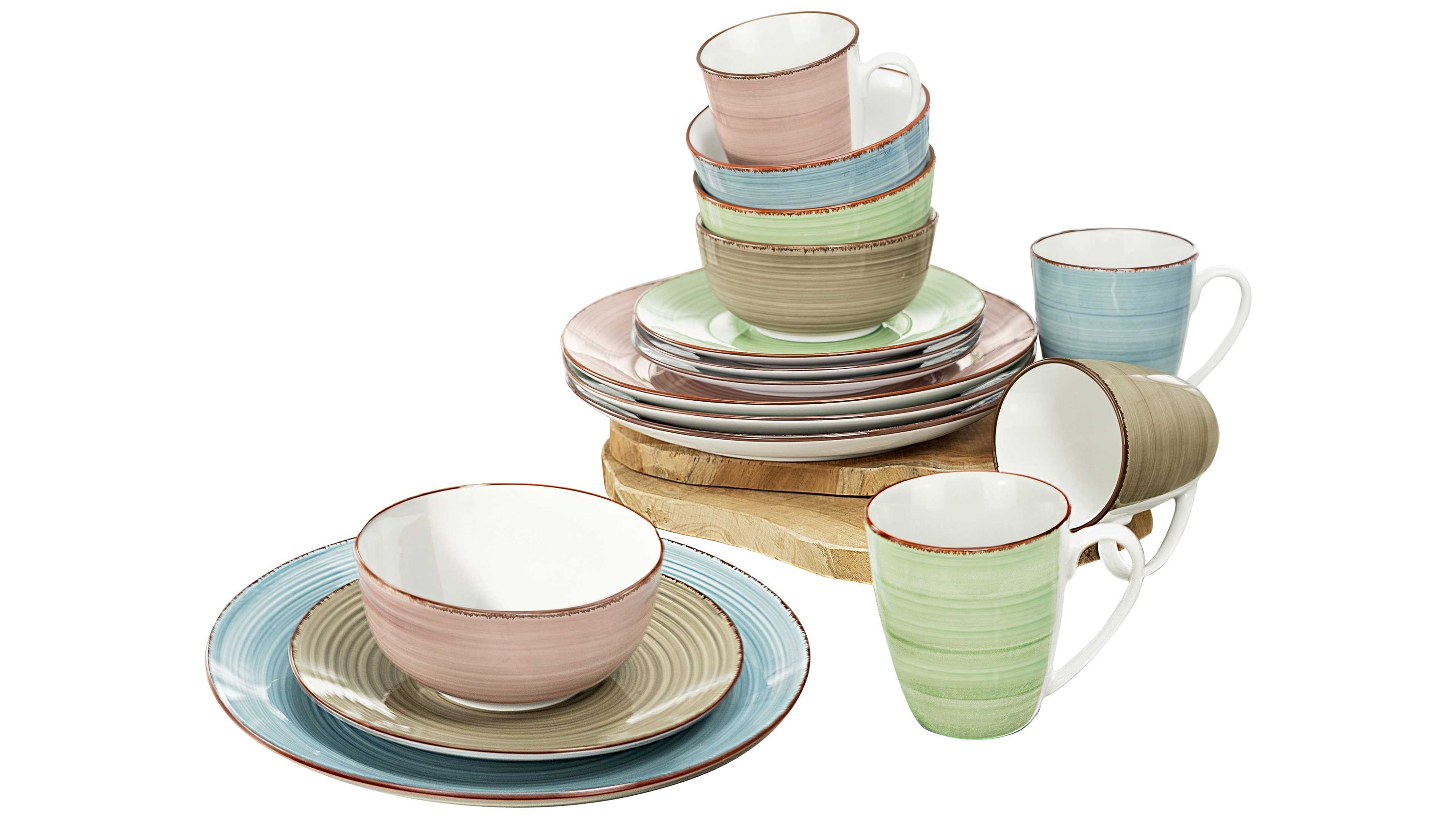 Pastellfarbenes Kombi-Service aus Porzellan mit Tellern Schalen und Tassen in Blau Grün Beige und Rosa