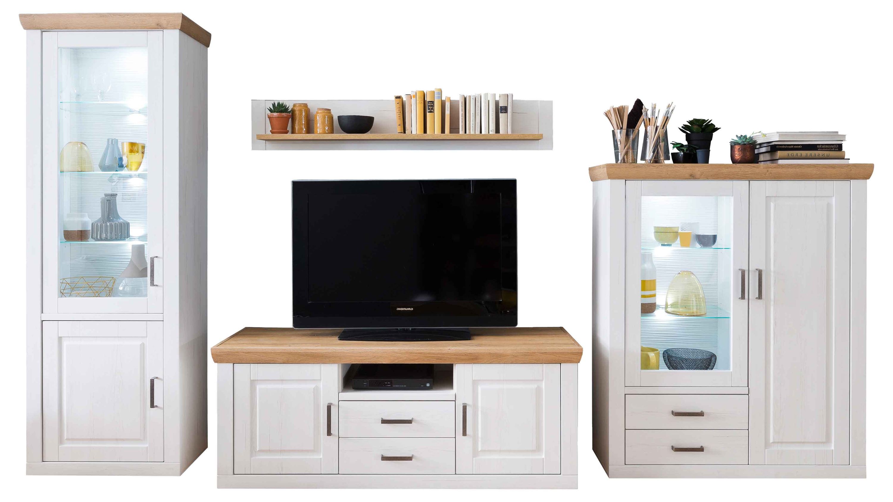 Weiße Wohnwand mit Holzablagen und Vitrinen Vierteilige weiße Wohnwand mit Holzablagen Vitrine TV-Board und Wandregal mit Dekoration