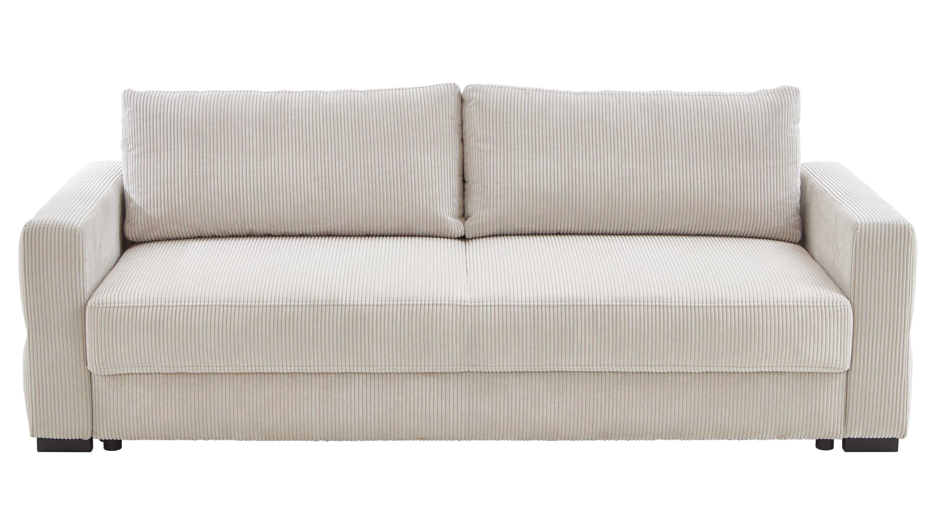 Schlafsofa mit geraden Armlehnen naturfarbenem Cordbezug und schwarzen Holzfüßen