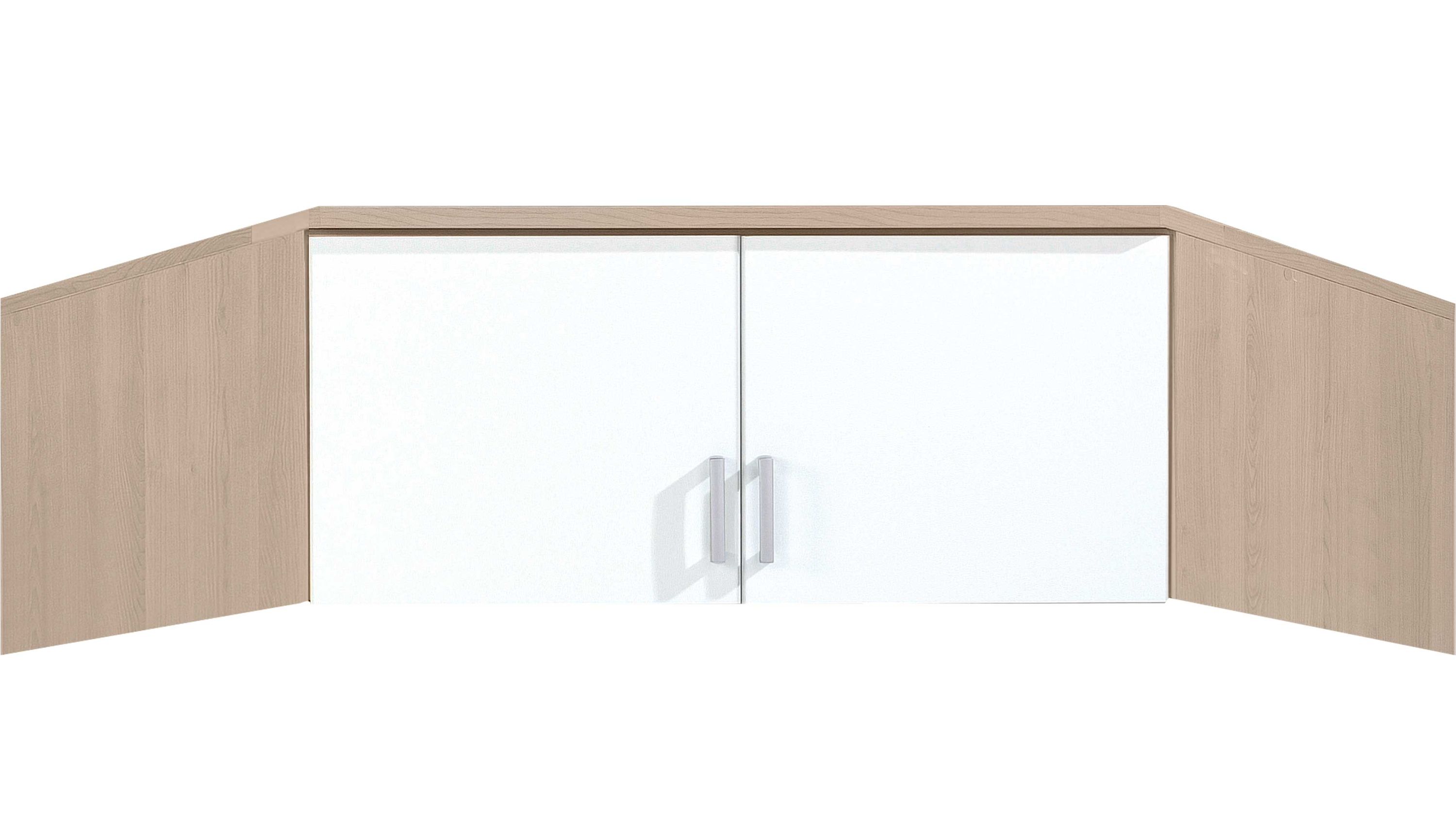 Eckschrank-Aufsatz mit zwei Türen in weiß und Eichenoptik Eckschrank-Aufsatz mit zwei weißen Türen und seitlichen Holzflächen in heller Eichenoptik