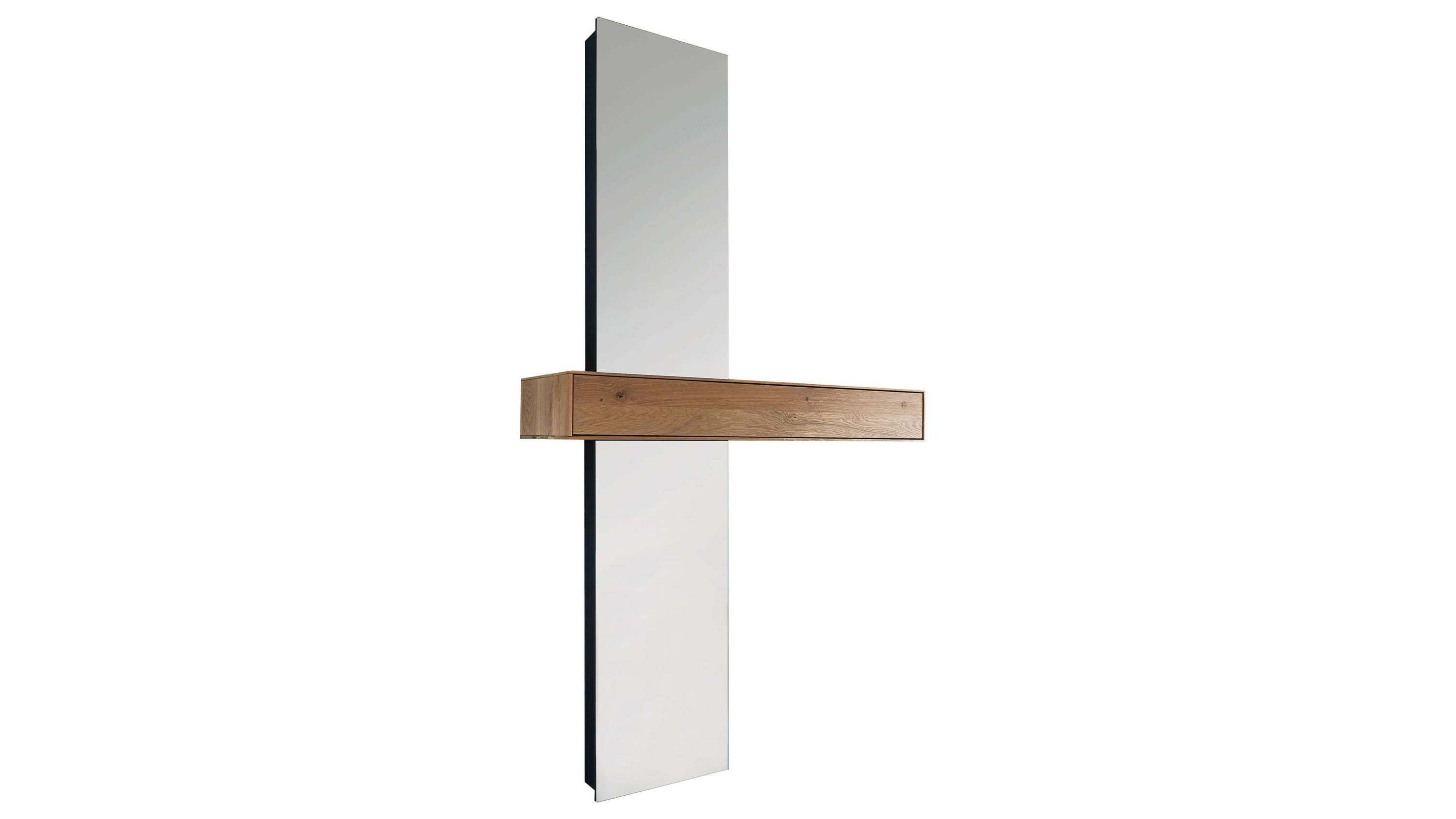 Wandspiegel mit Stauraumfach aus Holz und Metall Schmaler Wandspiegel mit rechteckigem Stauraumfach aus Holz in hellbrauner Farbe und dunklem Metallrahmen
