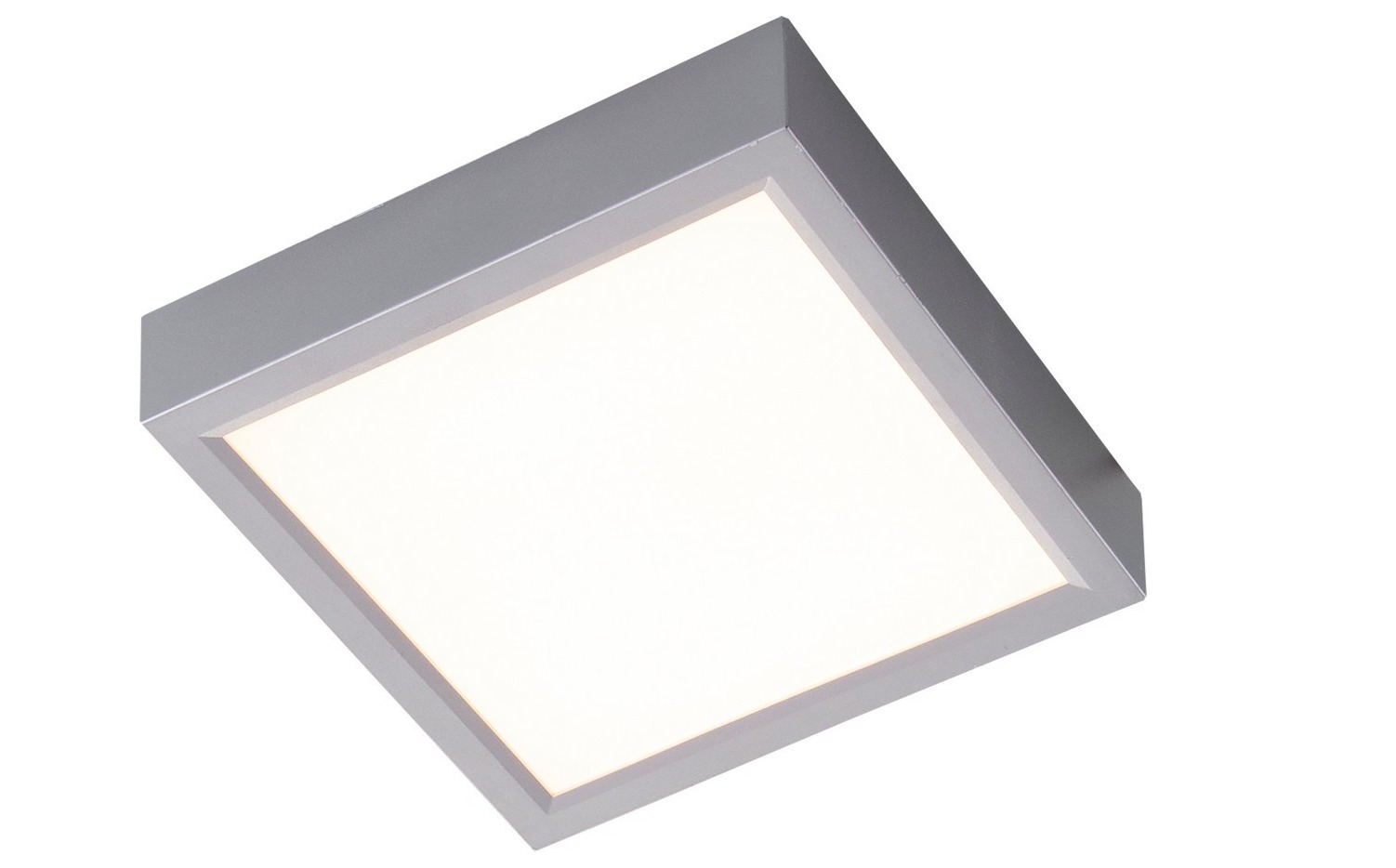 Flache  quadratische LED-Deckenleuchte mit silbernem Kunststoffrahmen  diagonal freigestellt fotografiert