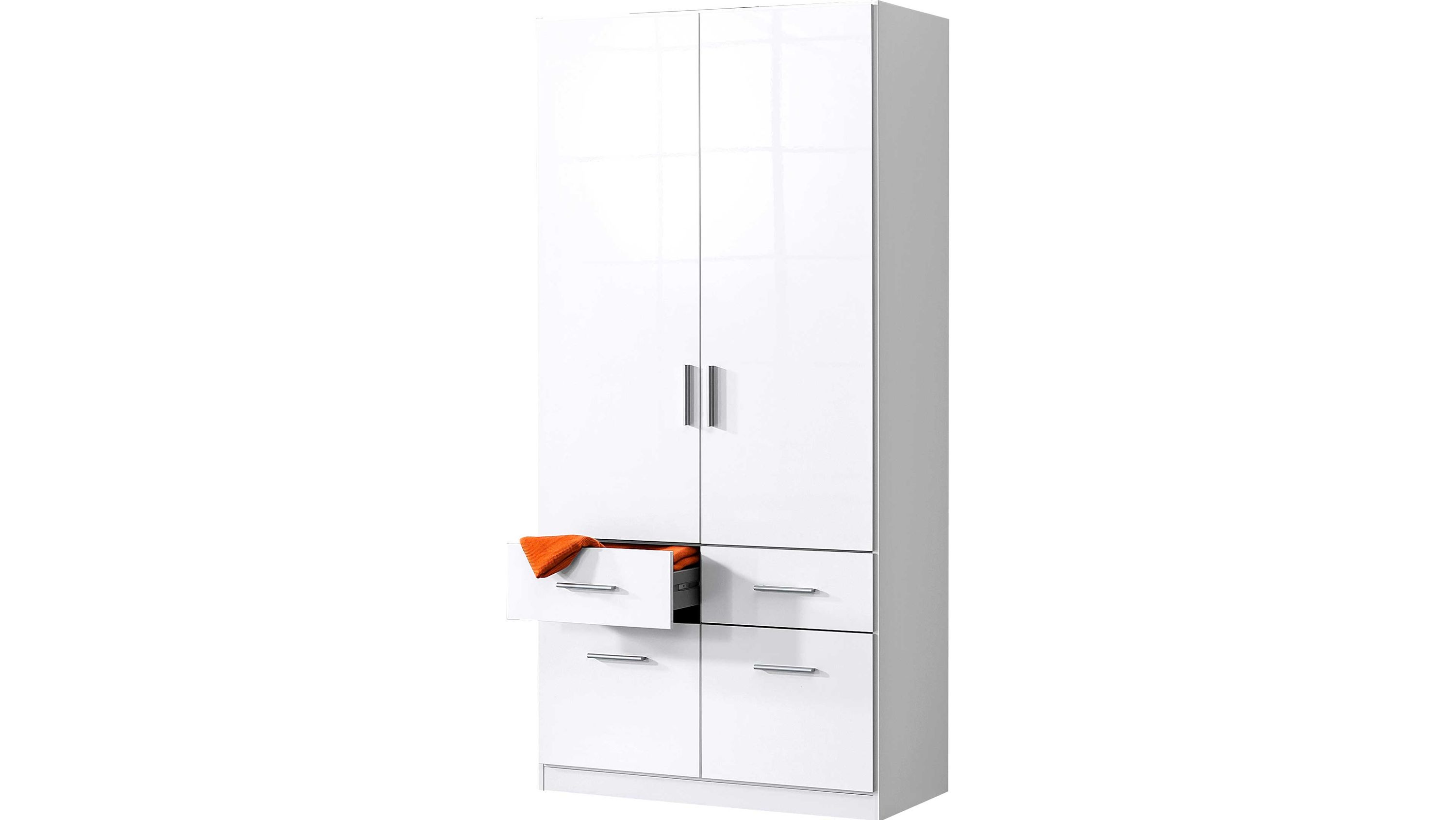 Weißer Kleiderschrank mit zwei Türen und vier Schubladen eine Schublade ist geöffnet mit orangefarbener Kleidung