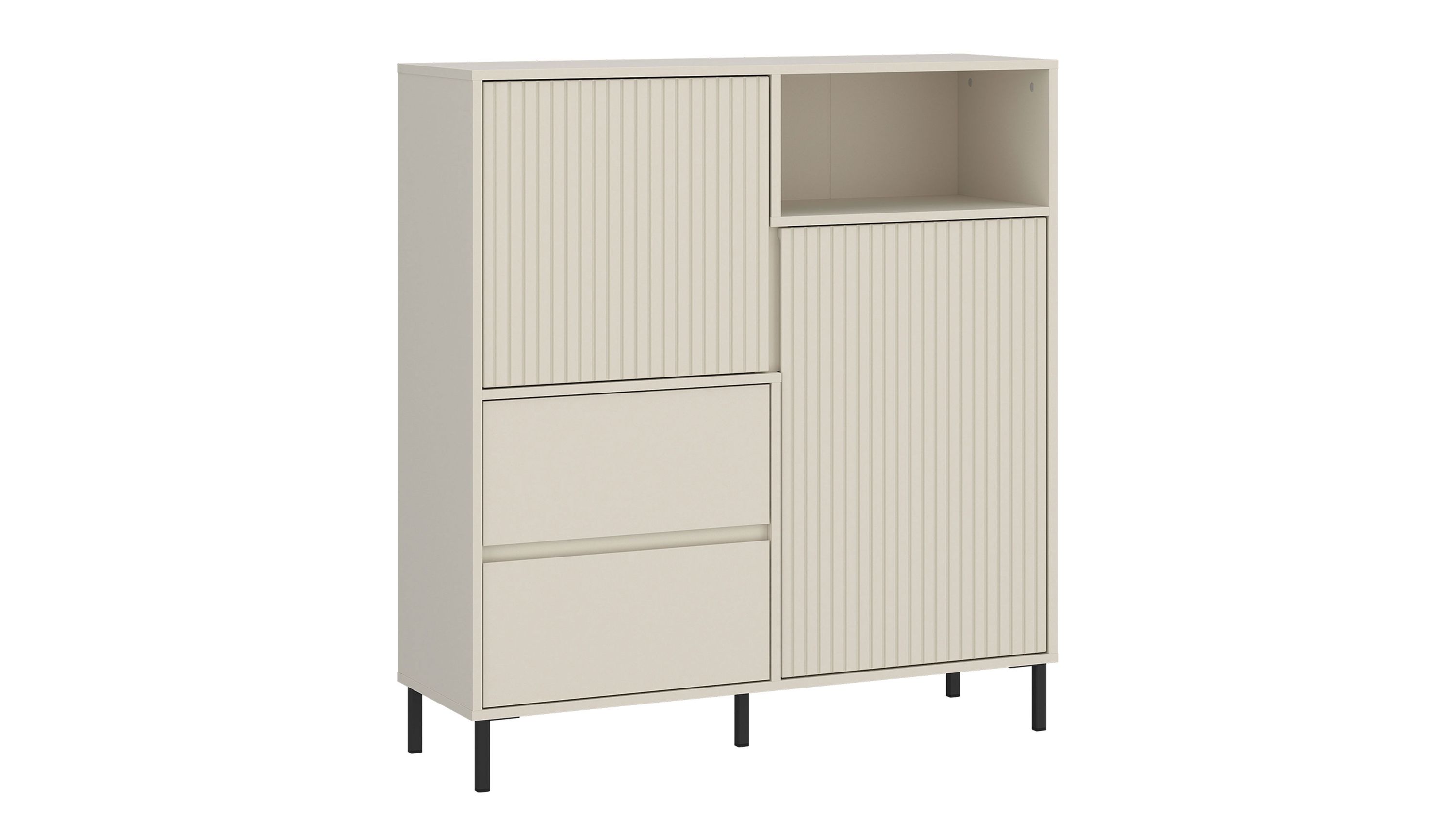 Helles Highboard mit zwei Schubladen zwei Türen mit vertikalen Linien und offenem Fach auf schwarzen Beinen