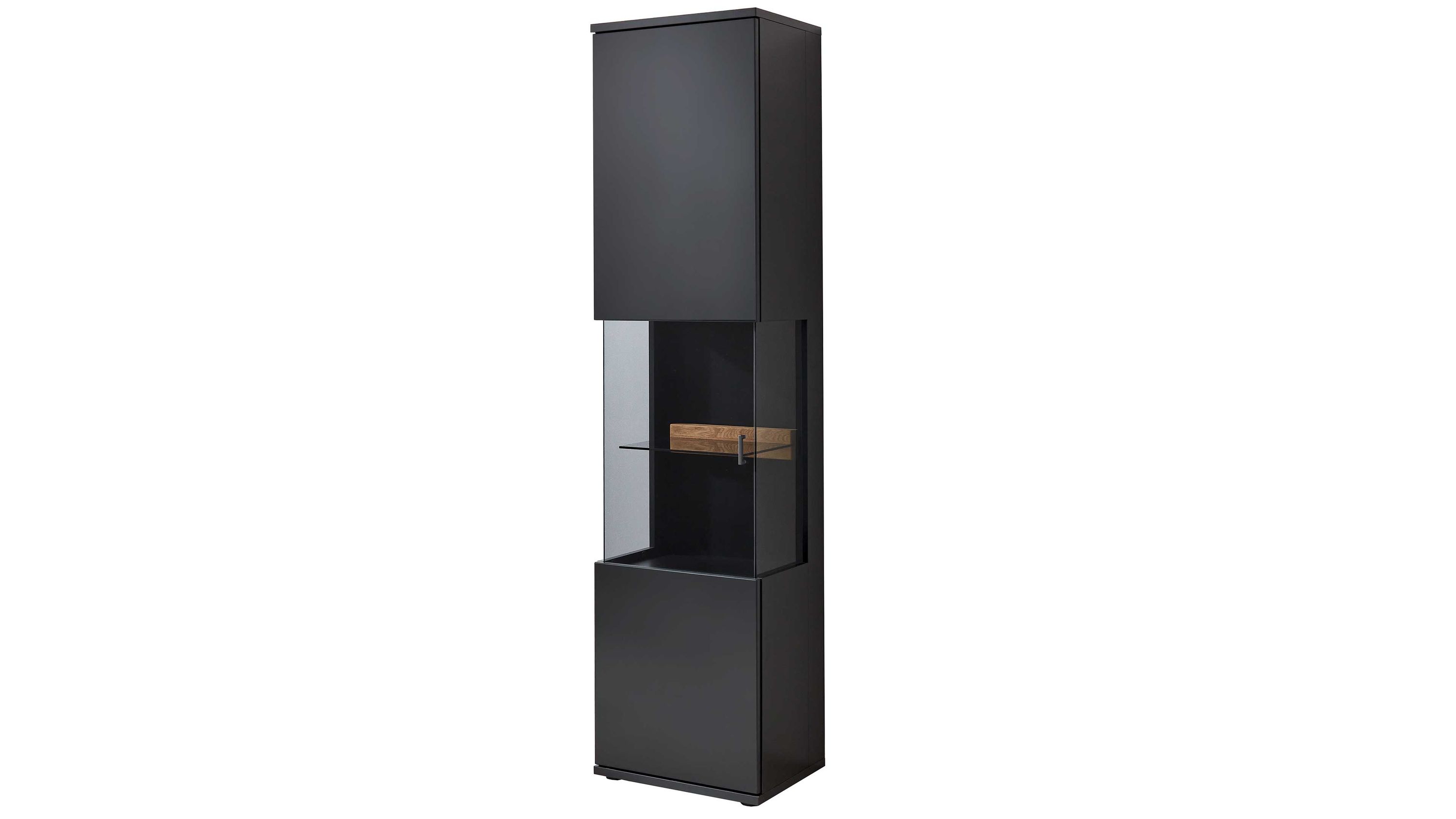 Schmale Vitrine mit einer Tür oben und unten mittig Glasfach mit Holzablage schwarzgrau