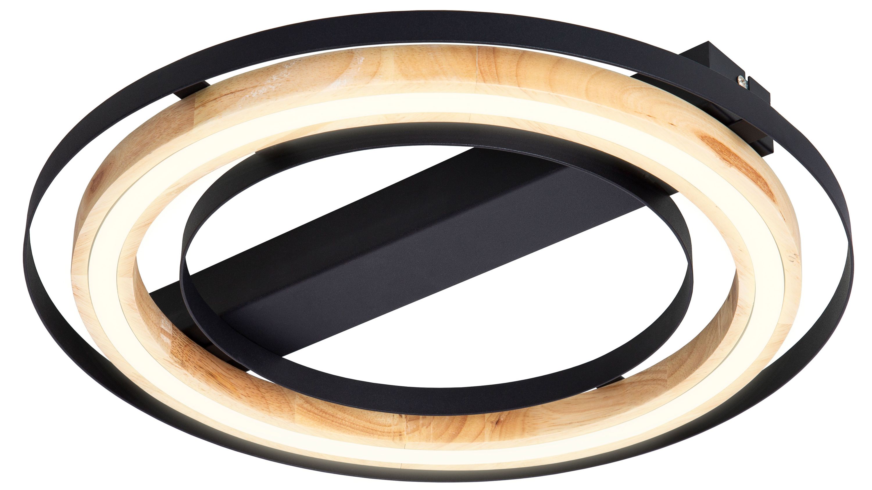 Runde Deckenlampe mit zwei schwarzen Metallringen und einem inneren Ring aus hellem Holz