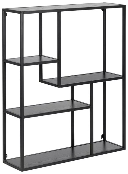 Schmales Bücherregal mit schwarzem Metallrahmen und Böden