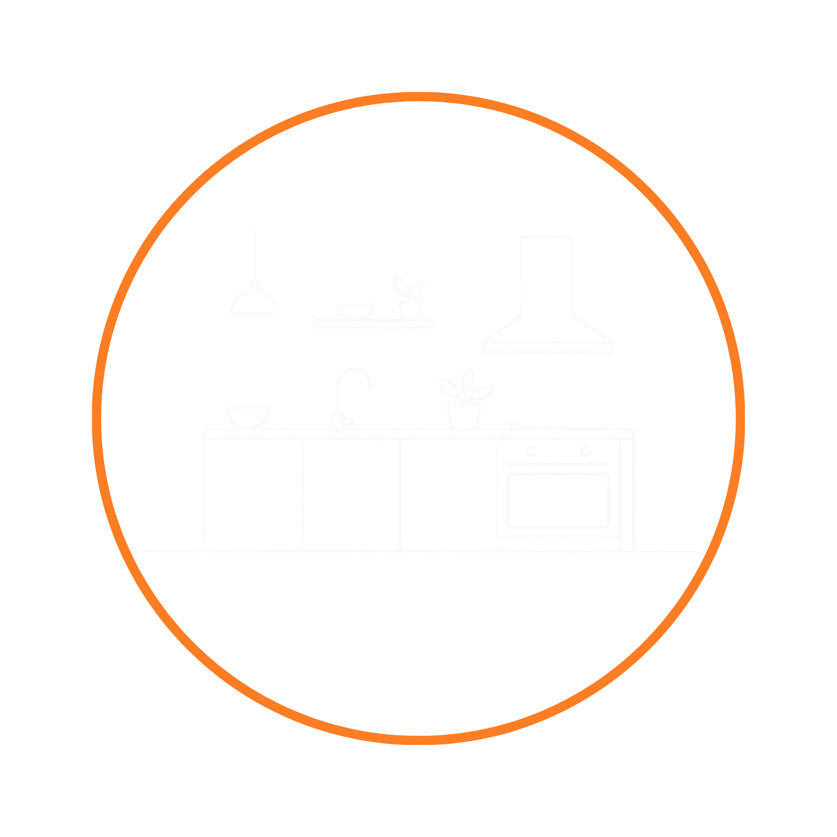 Symbolgrafik einer modernen Küche mit Spüle, Backofen, Dunstabzugshaube, Hängelampe und Pflanzen im orangefarbenen Kreis.