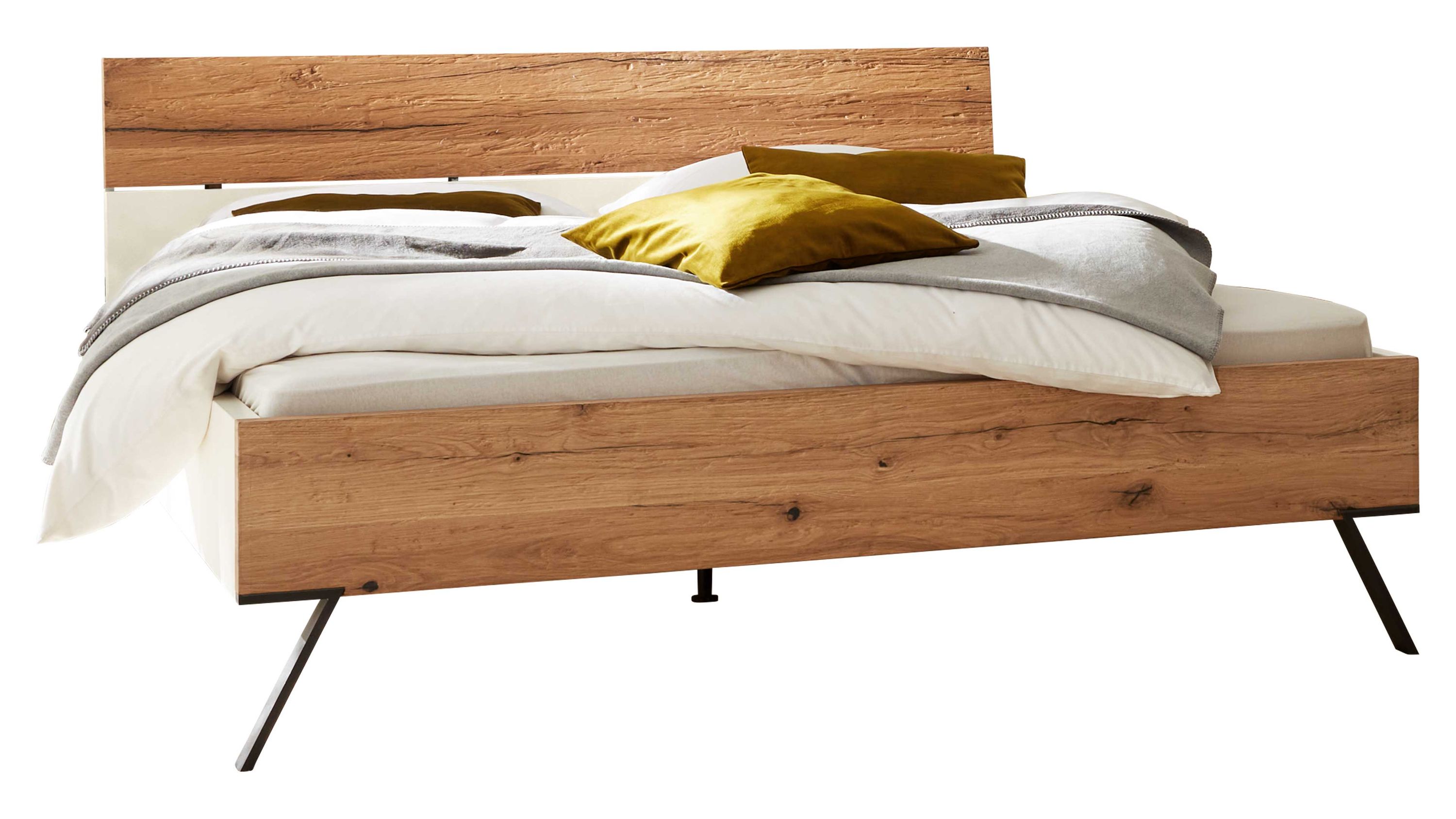 Bettgestell in Holzoptik mit weißen Seiten und schwarzen Beinen Bettgestell mit rechteckigem Kopfteil und Fußteil in Holzoptik weiße Seitenflächen und schwarze Metallbeine