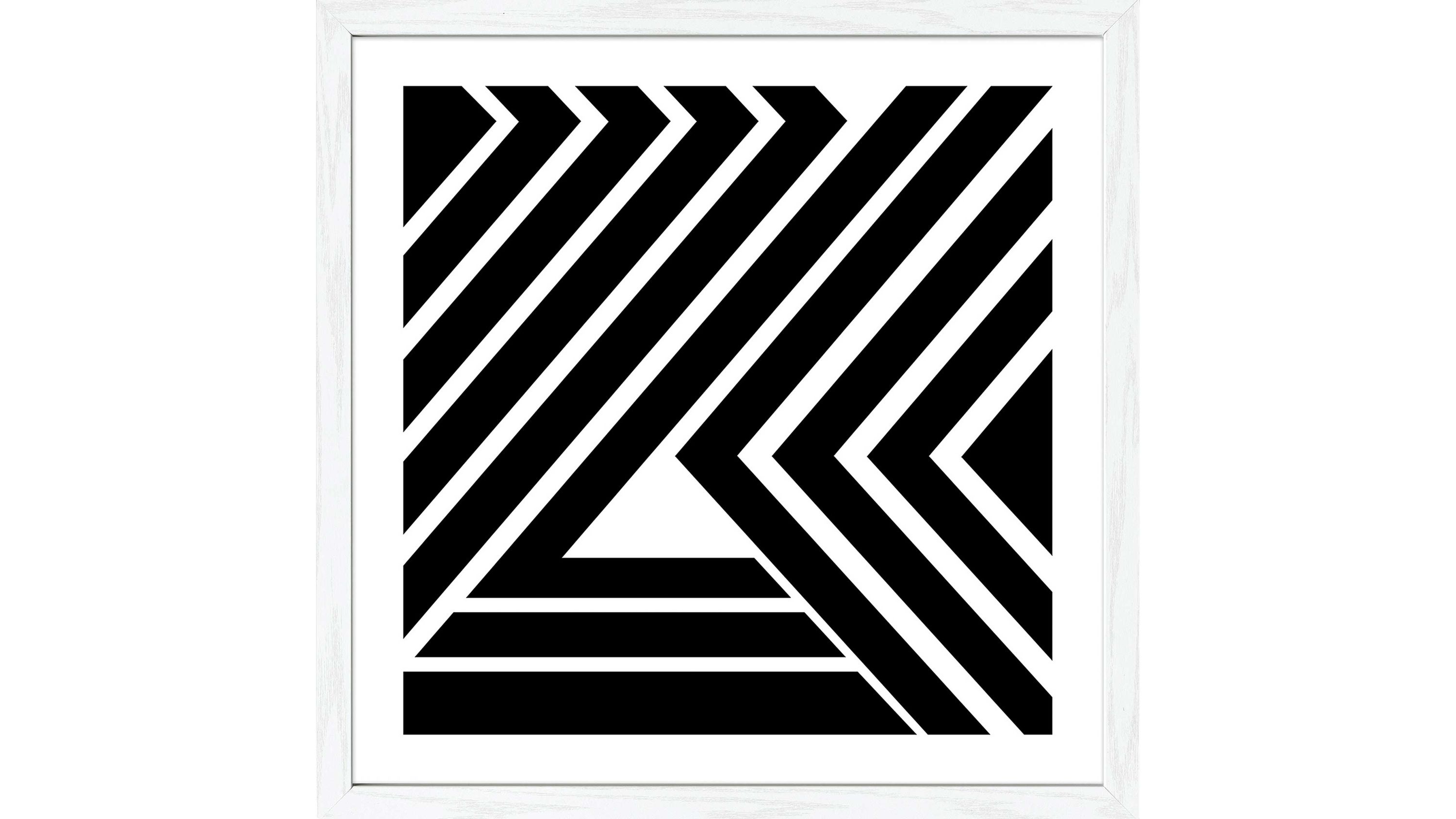Quadratischer Kunstdruck mit schwarzen und weißen diagonalen Streifen in geometrischem Muster