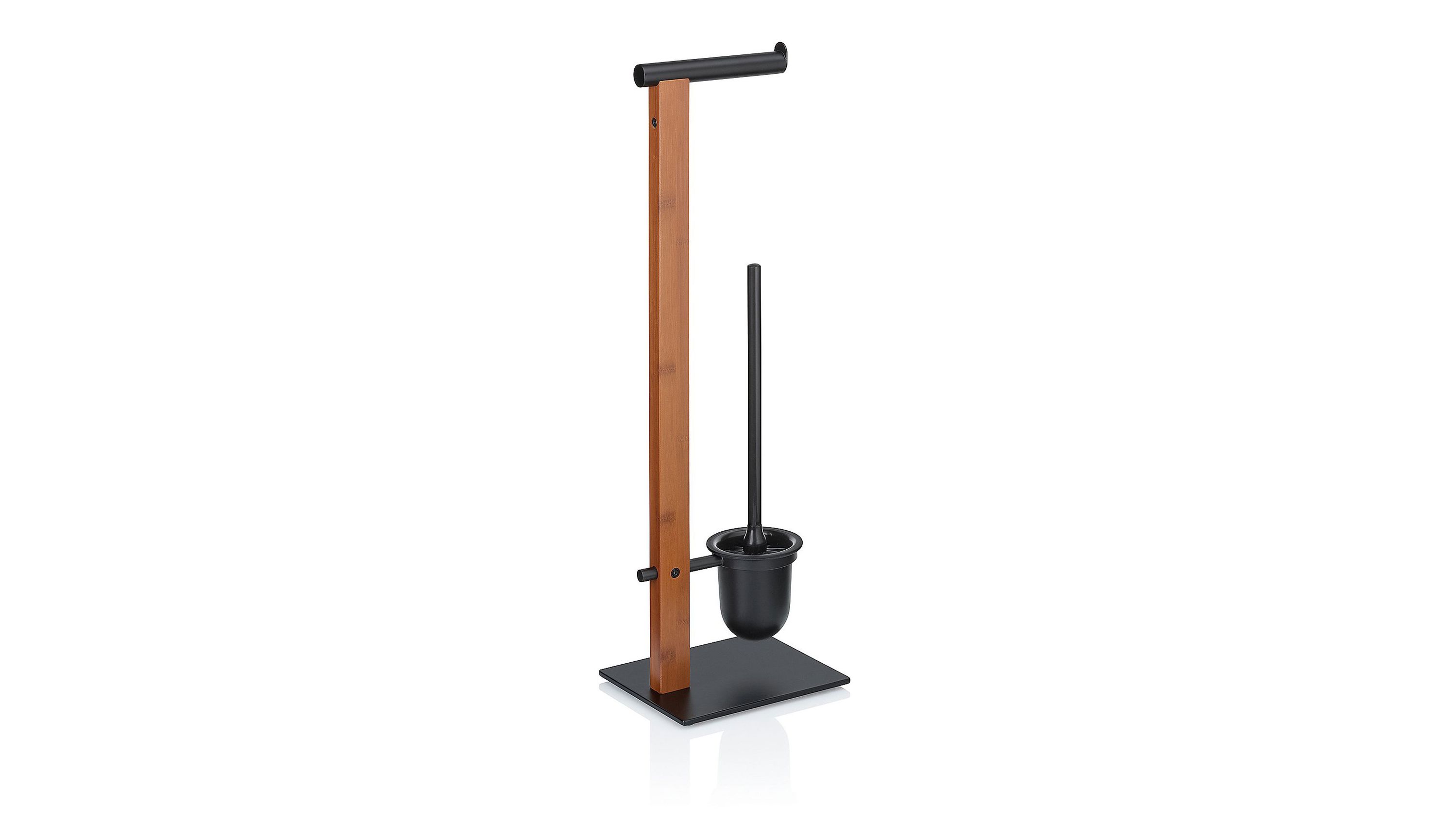 Toilettenbutler mit Bürstenhalter und Papierrollenhalter Toilettenbutler mit schwarzer Basis braunem vertikalem Ständer und schwarzem Toilettenbürstenhalter