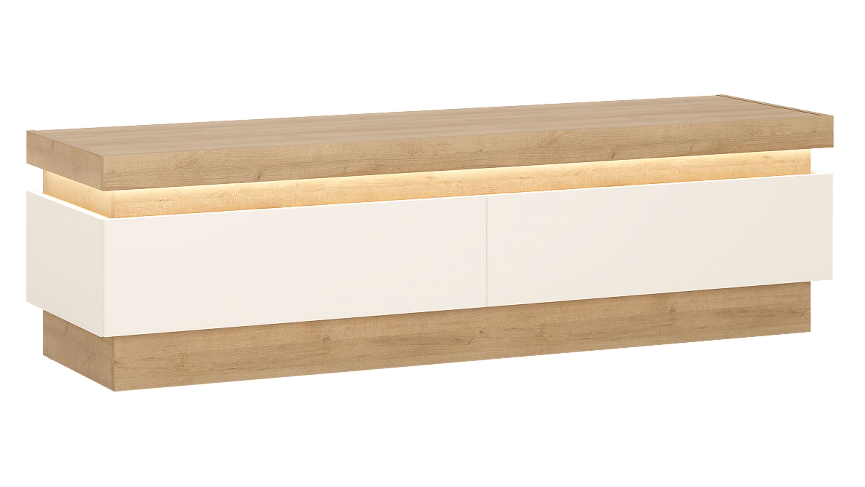 Lowboard mit weißen Schubladen und hellbraunen Flächen Rechteckiges Lowboard mit zwei weißen Schubladen und hellbraunen Ober- und Unterflächen