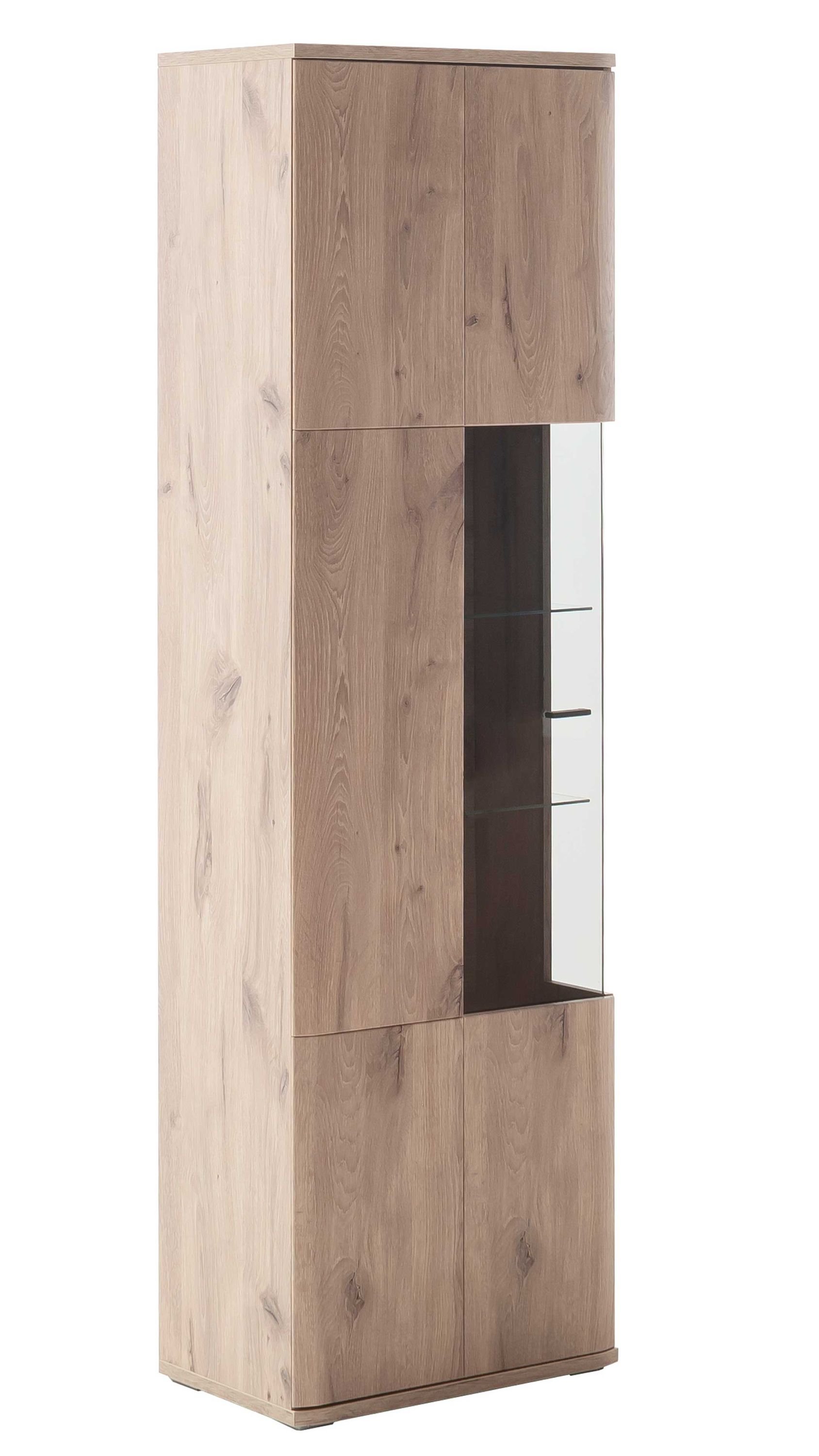Hohe Vitrine mit einer Tür aus Holzoptik und Glaseinsatz an der rechten Seite