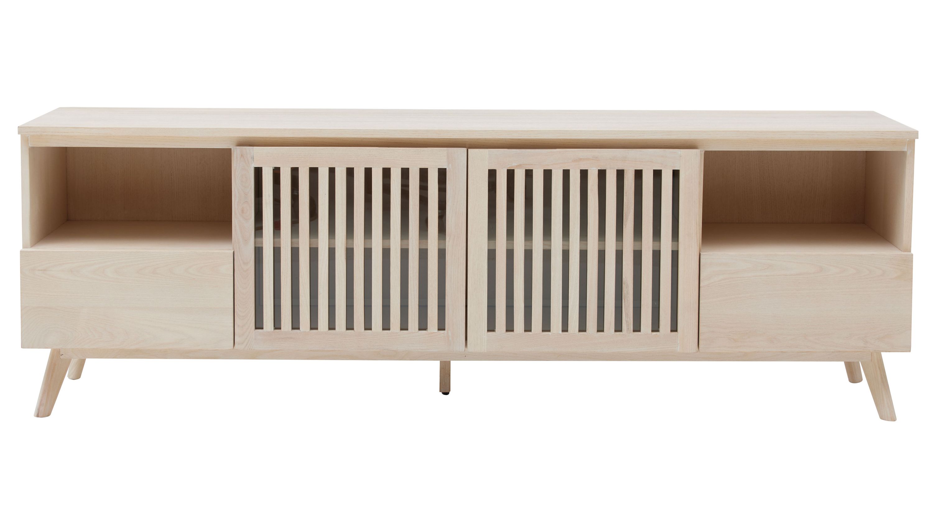 Lowboard mit Lamellentüren und Schubladen in weiß gewaschener Esche Lowboard mit zwei Türen mit Lamellen und zwei Schubladen in weiß gewaschener Esche